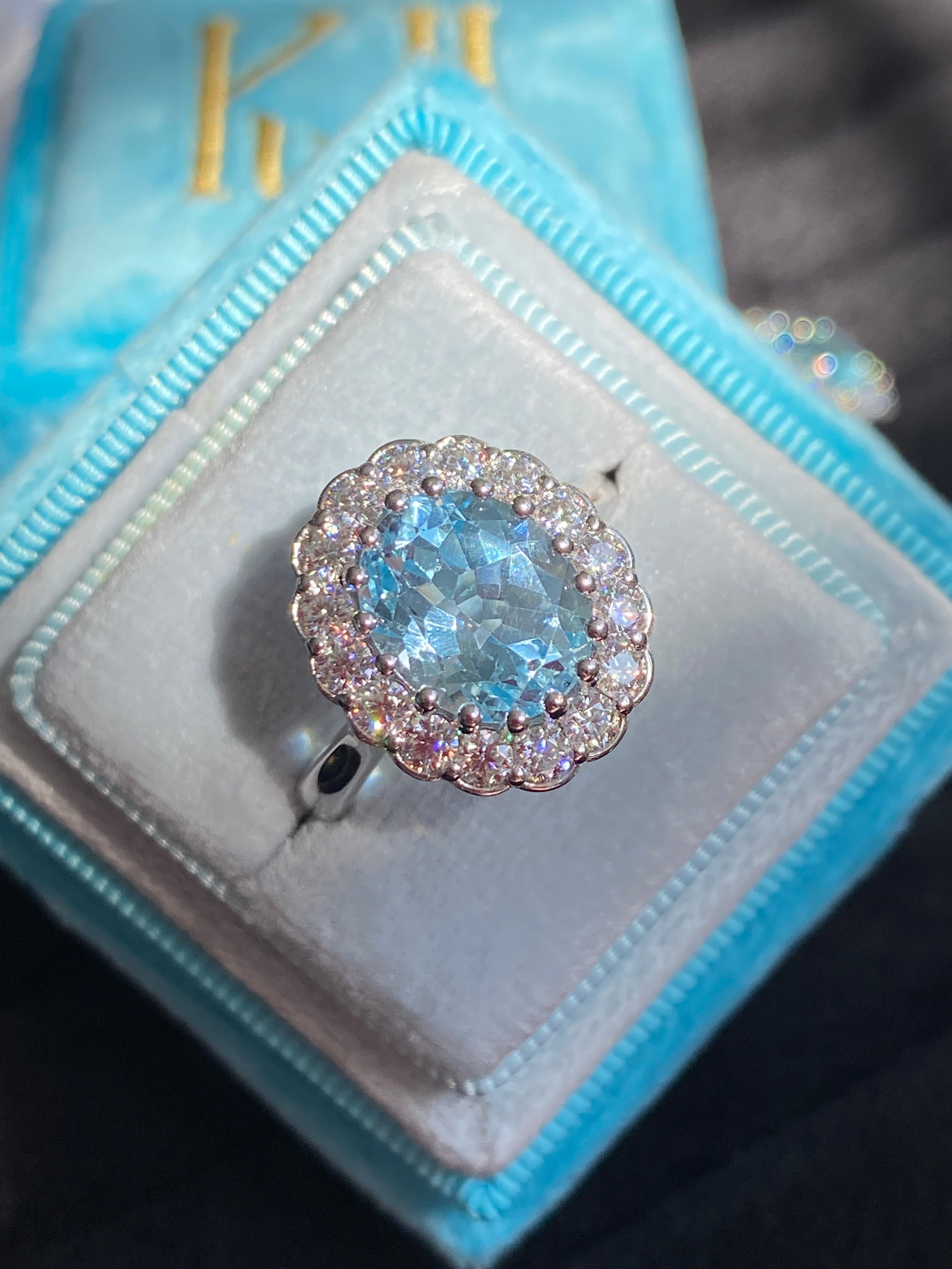 5.50 CTW Oval Cut Blue Topaz and Moissanite Halo Cocktail Ring