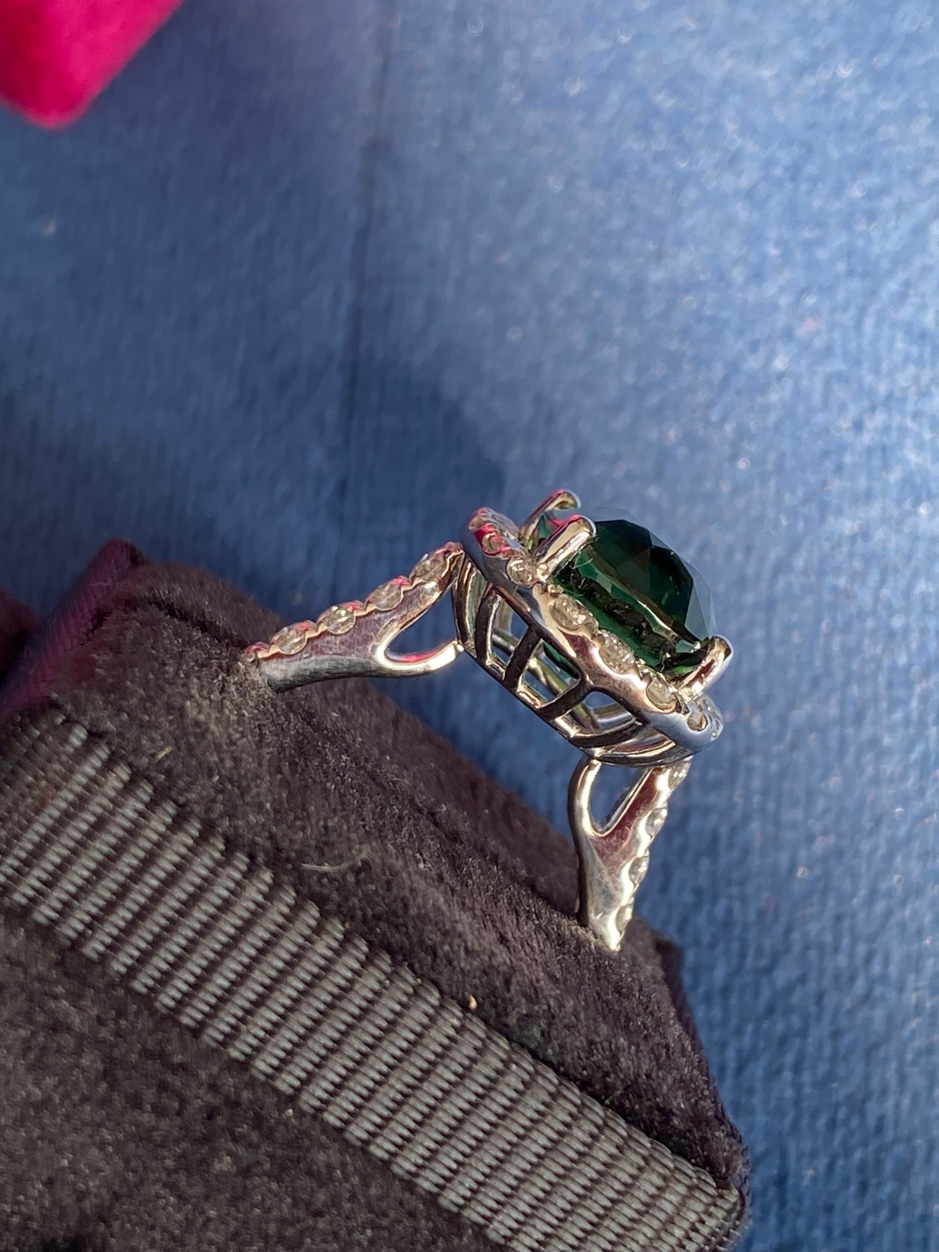 5.45 CTW Green Tourmaline and Natural Diamond Halo Ring in Platinum