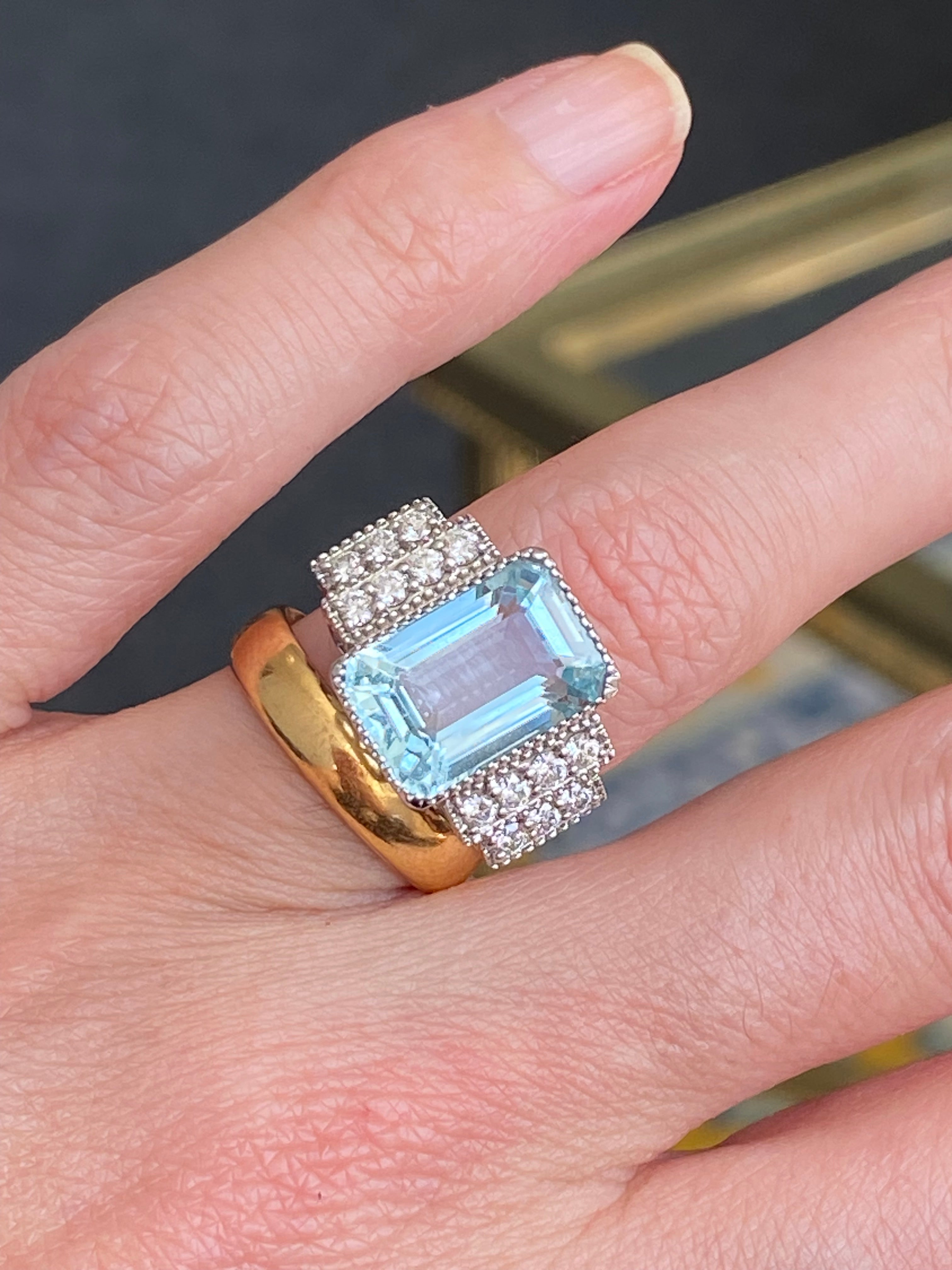 6.29 CTW Art Deco Style Aquamarine and Diamond Ring in 18ct White Gold