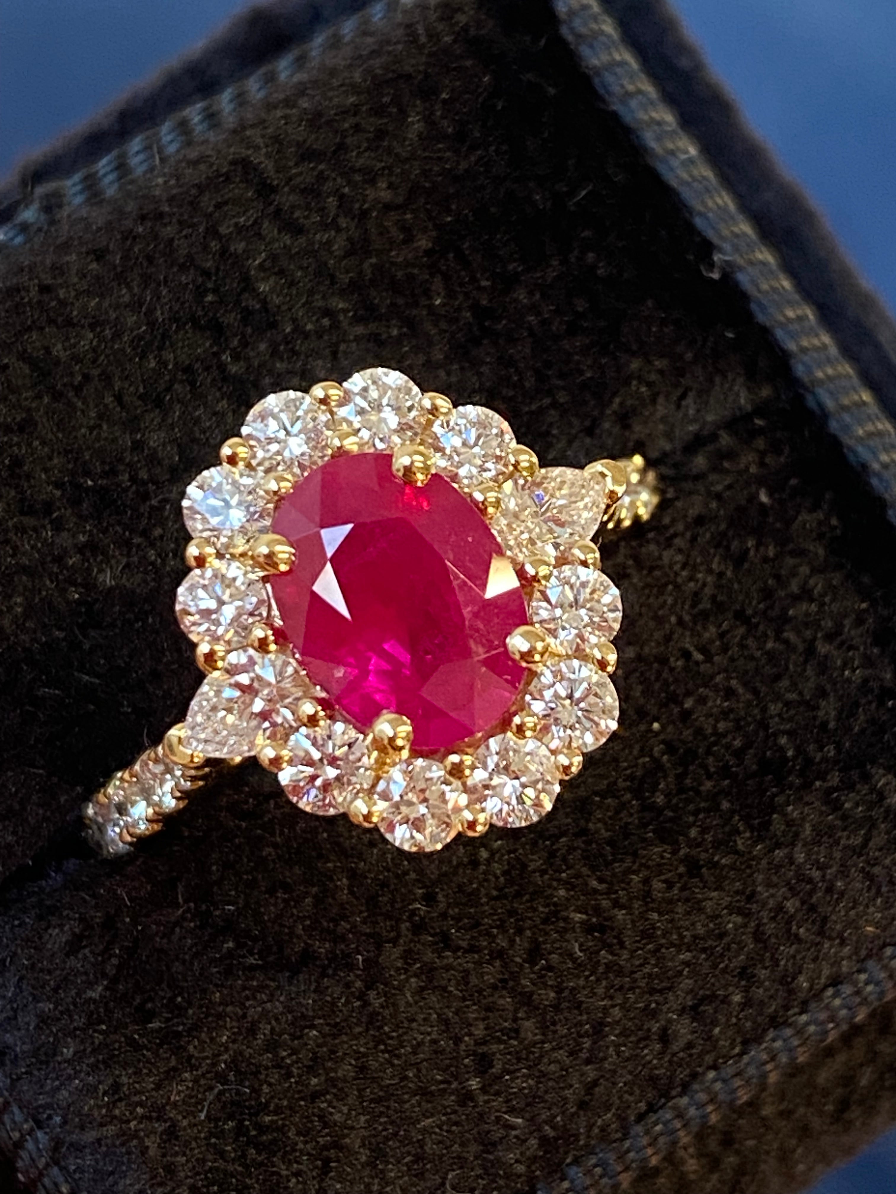 2.40 CTW Ruby and Natural Diamond Halo Ring in 18ct Yellow Gold