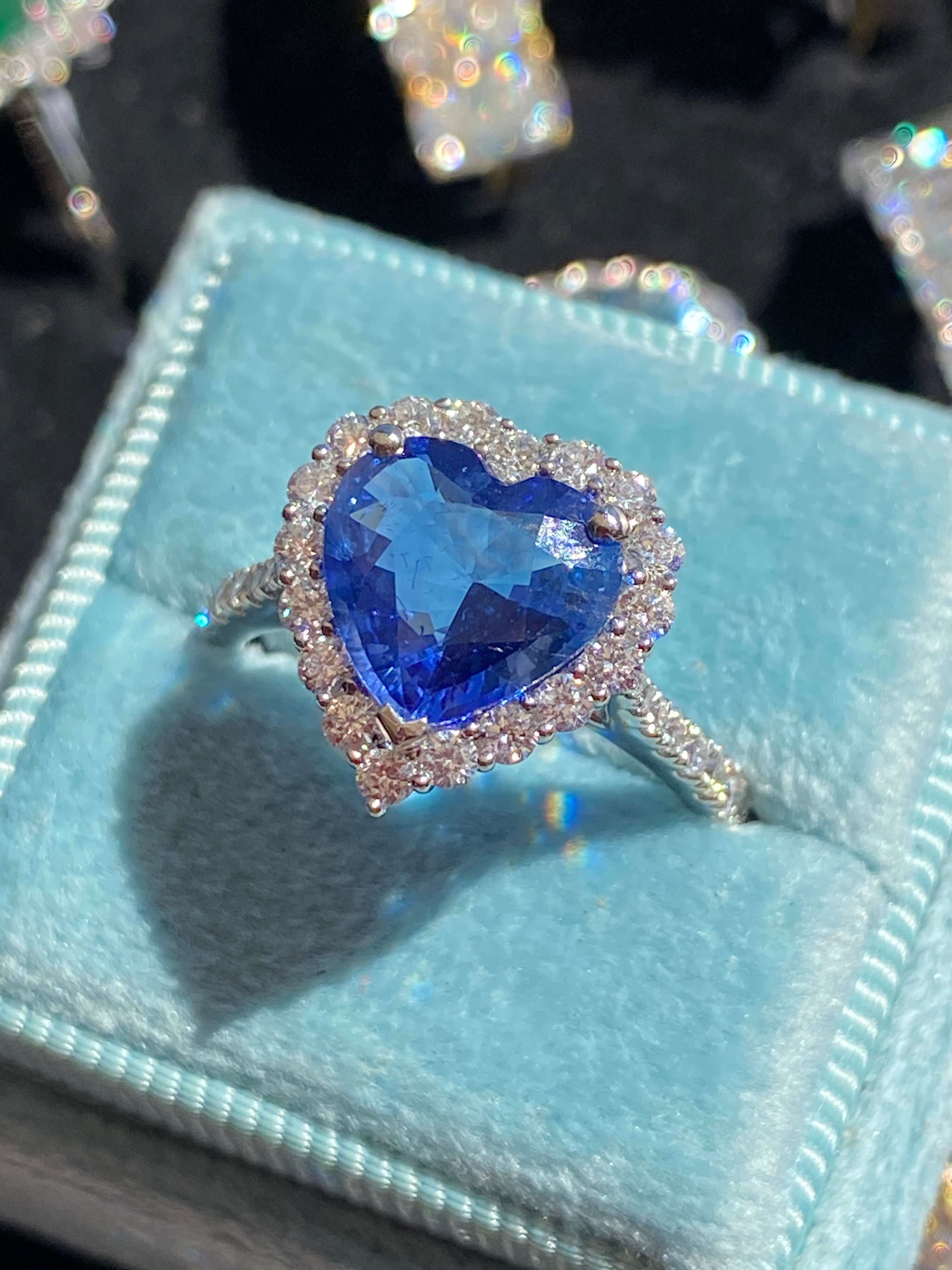 2.56 Carat Heart Shape Ceylon Sapphire and Natural Diamond Halo Ring in Platinum