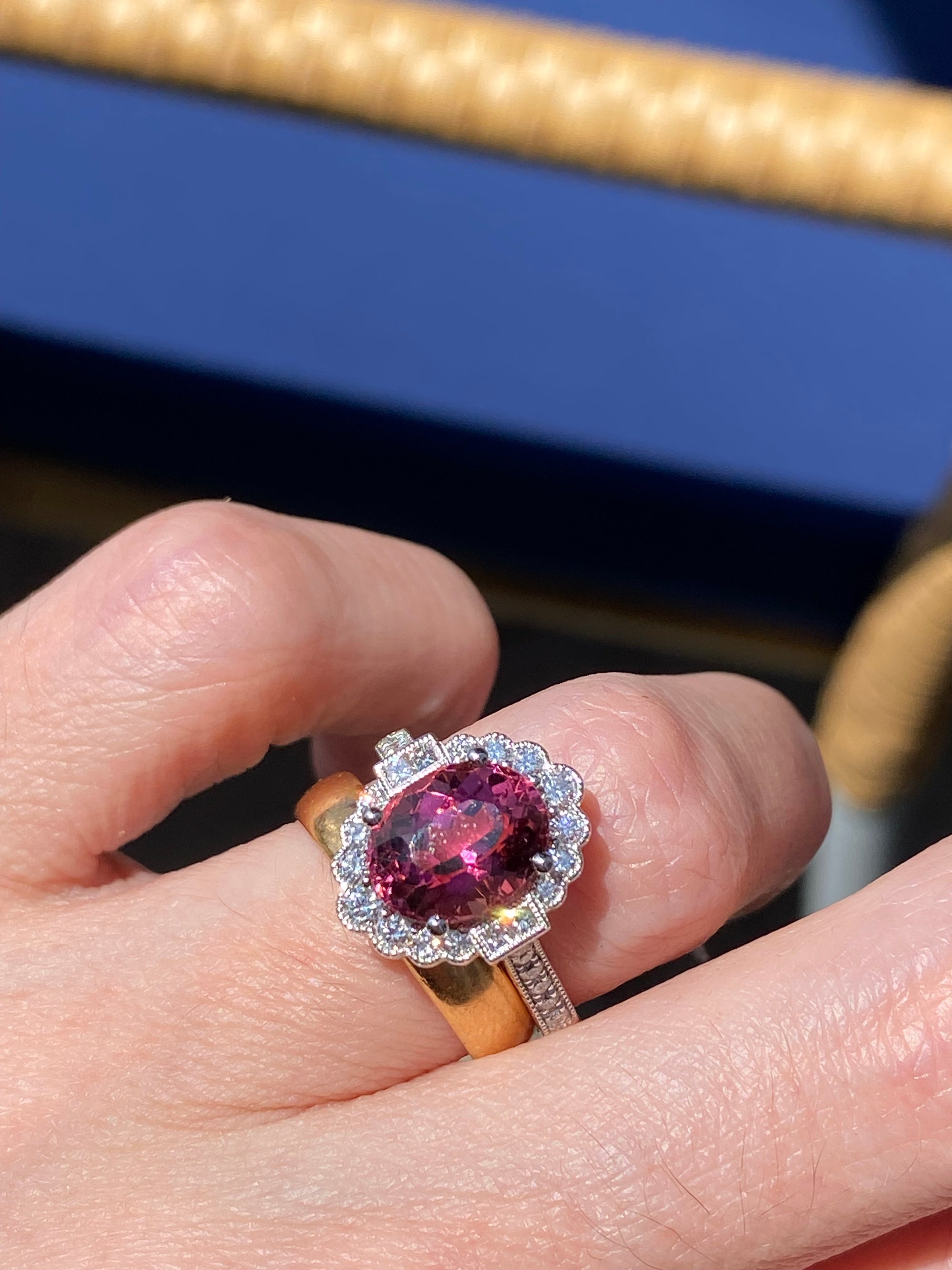 3.13 Carat Oval Cut Pink Tourmaline and Natural Diamond Ring in Platinum