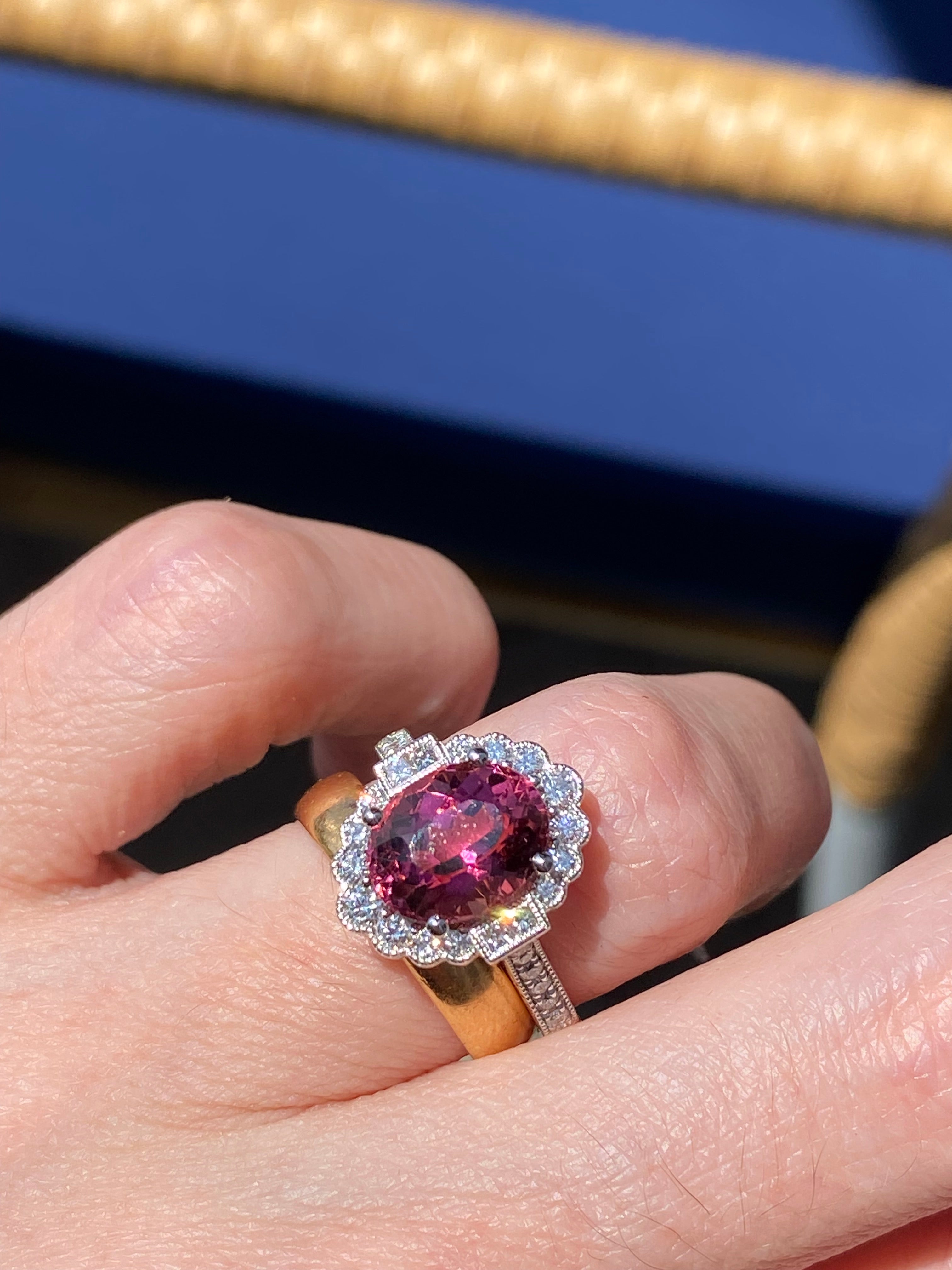 3.13 Carat Oval Cut Pink Tourmaline and Natural Diamond Ring in Platinum