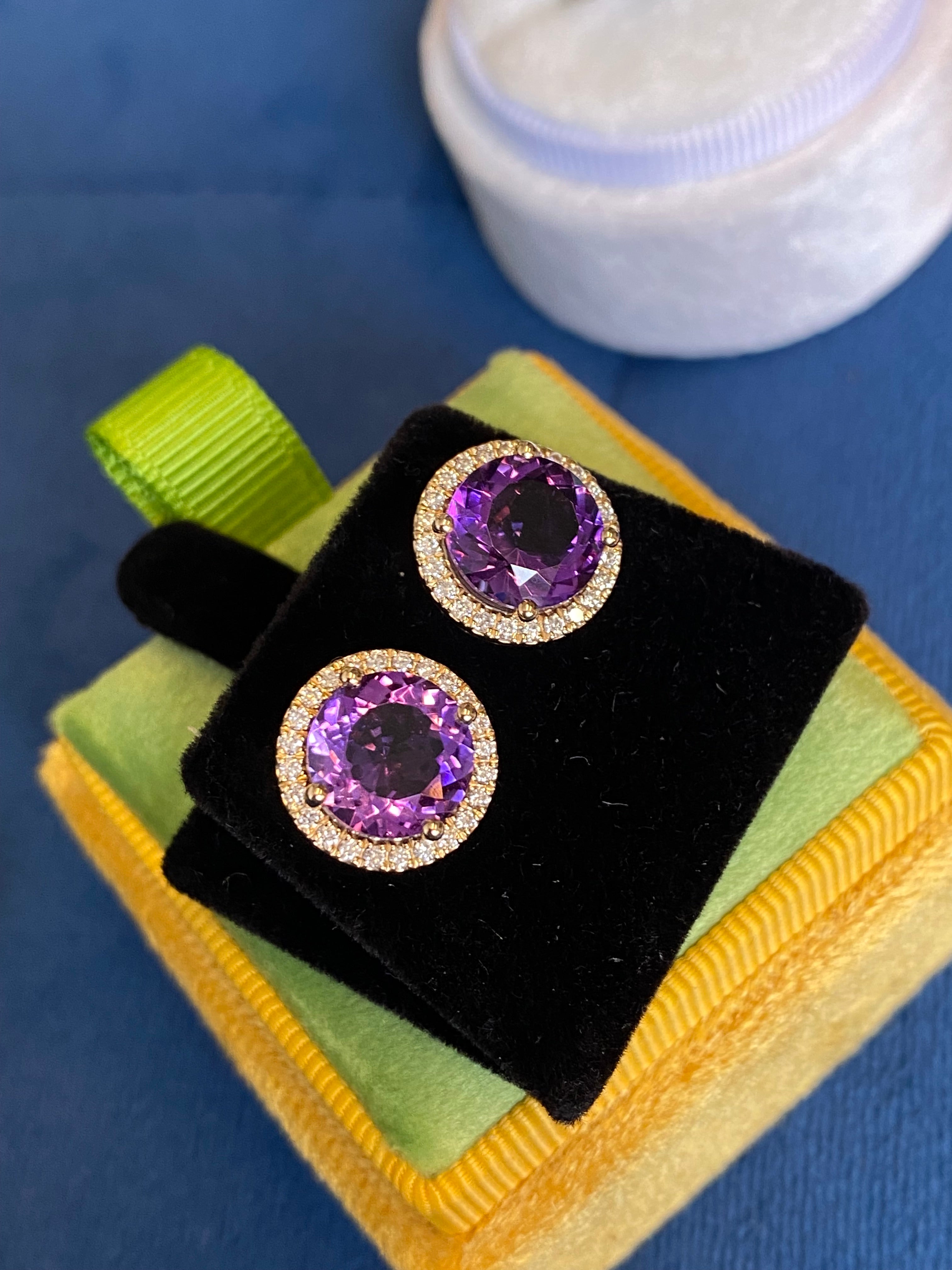 5.28 CTW Amethyst Natural Diamond Halo Stud Earrings in 9ct Yellow Gold