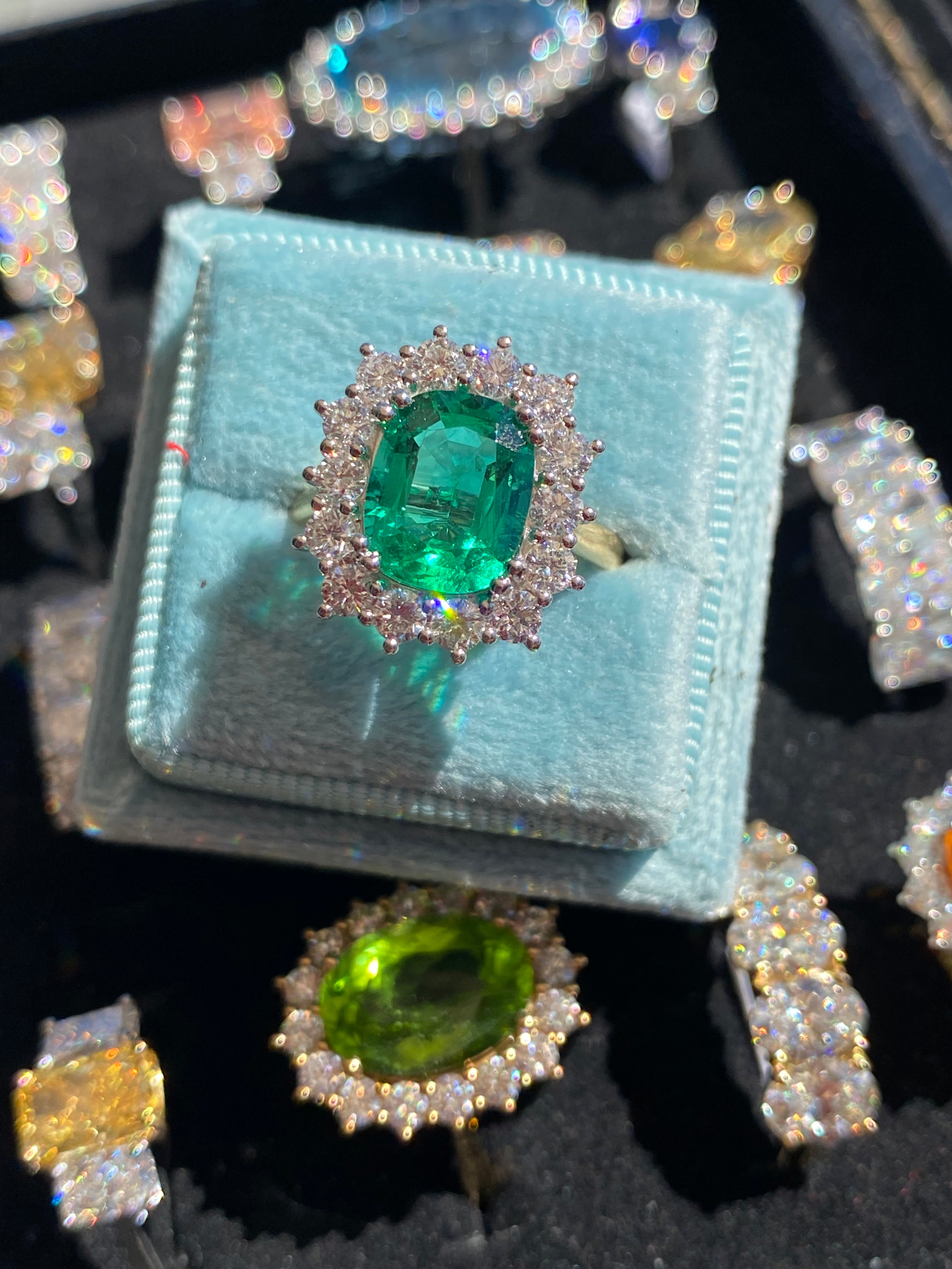 2.58 Carat Cushion Cut GIA Zambian Emerald and 1.07 CTW Natural Diamond Halo Ring in Platinum and 18ct Yellow Gold