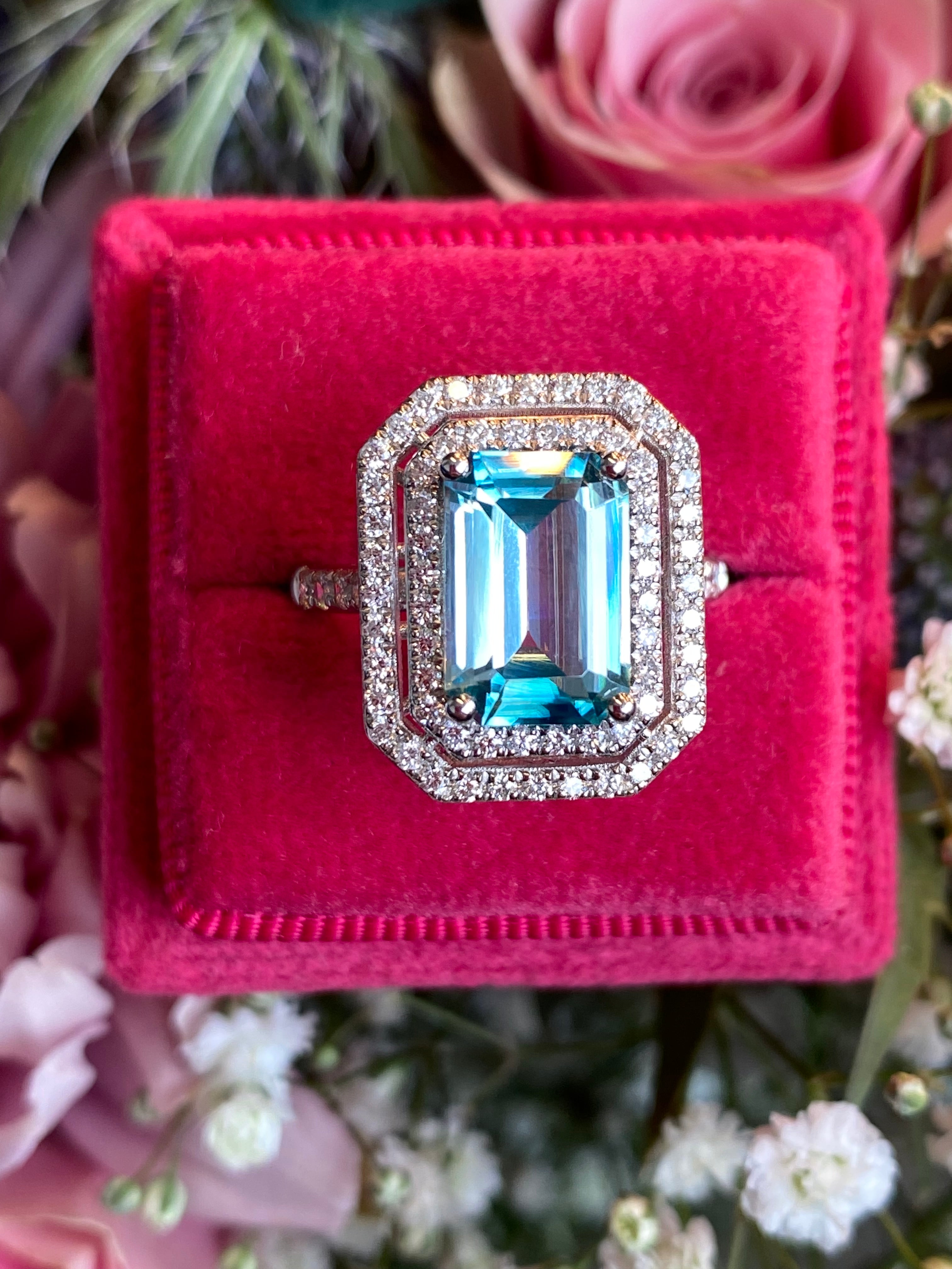4.74 Ctw Blue Zircon and Natural Diamond Halo Ring in Platinum