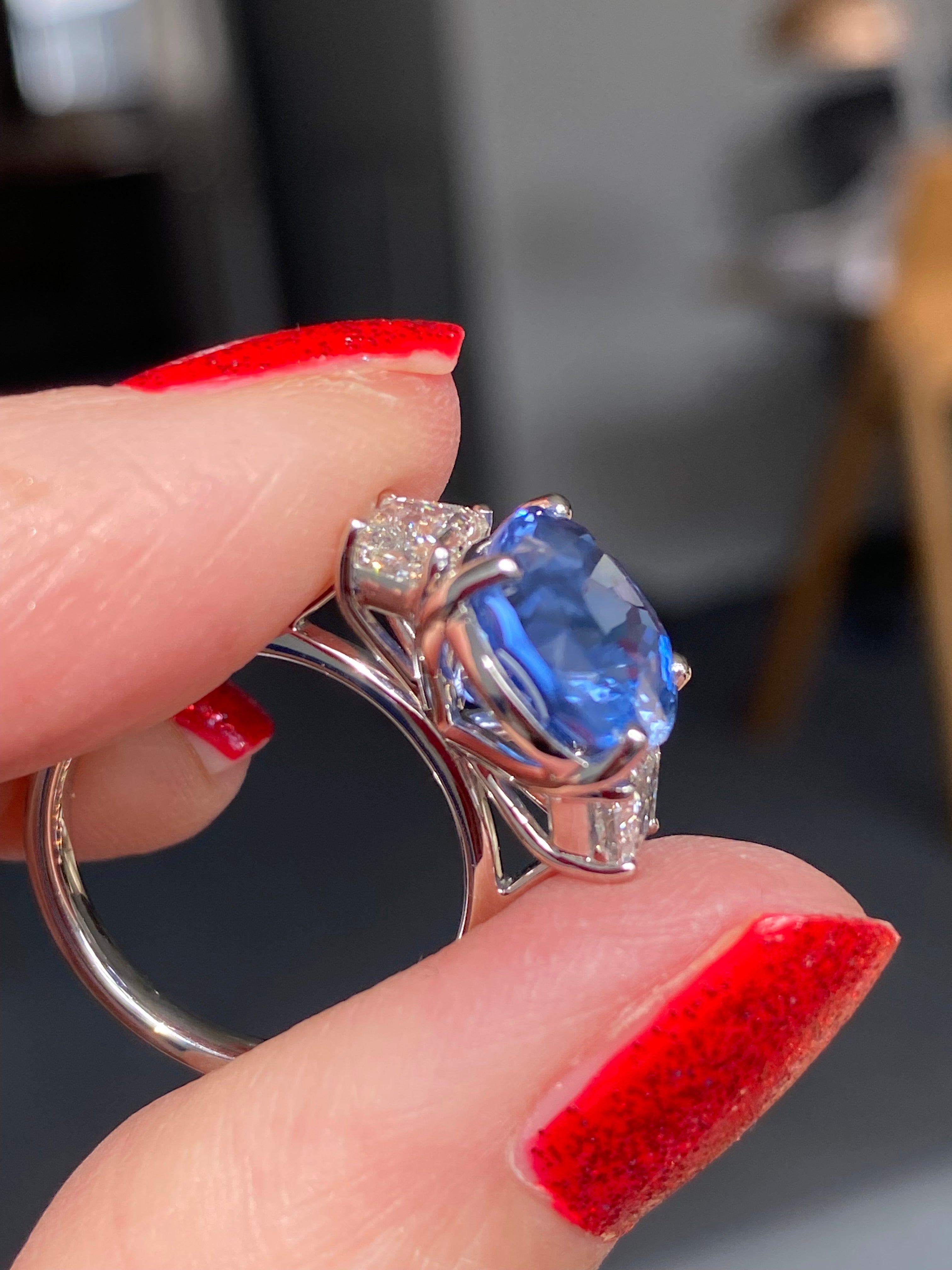 6.25 Carat Unheated Blue Ceylon Sapphire and 0.95 Carat Diamond Ring