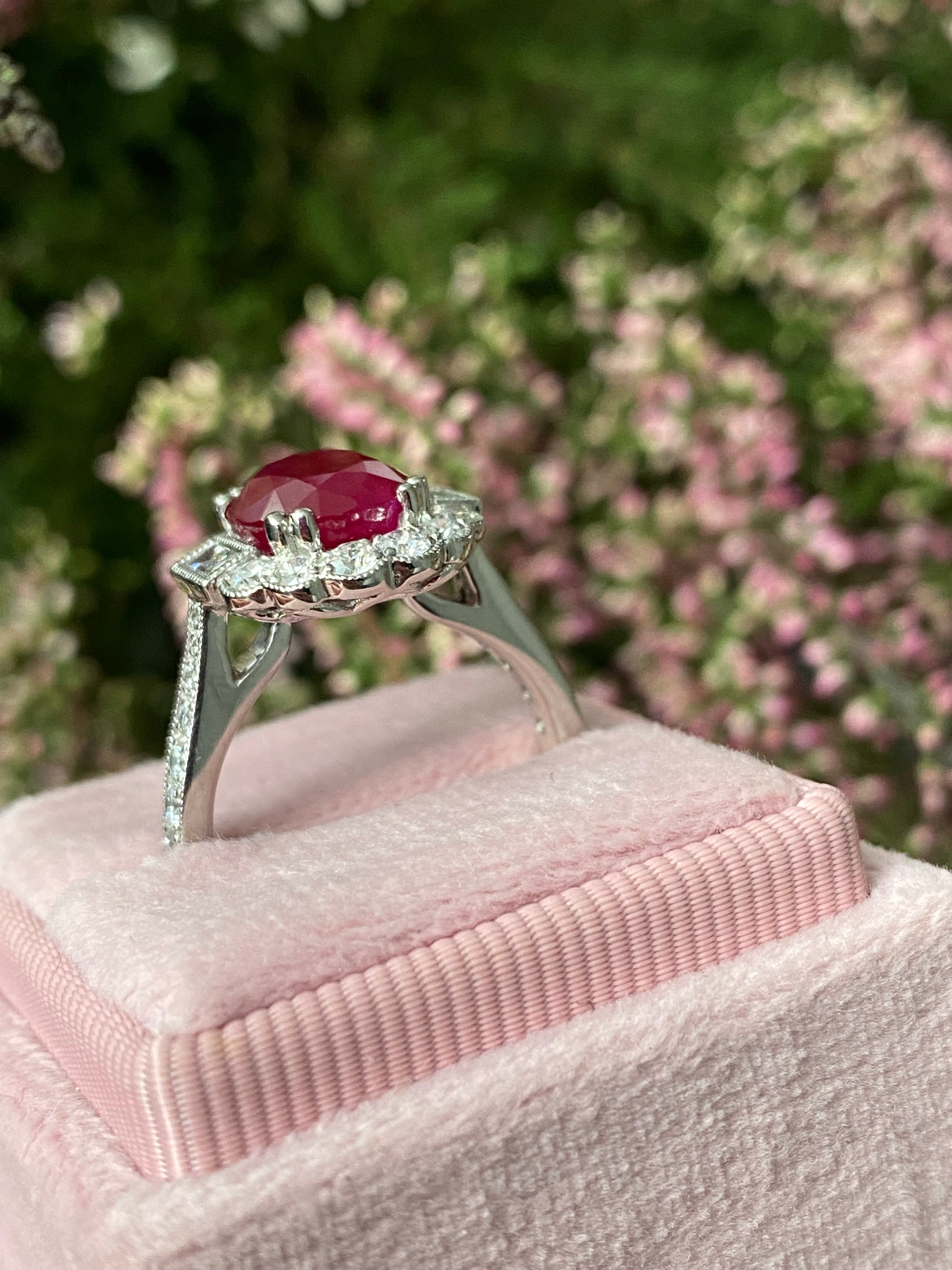 3.54 Carat Oval-Cut Ruby and 0.77 ctw Natural Diamond Halo Ring in Platinum