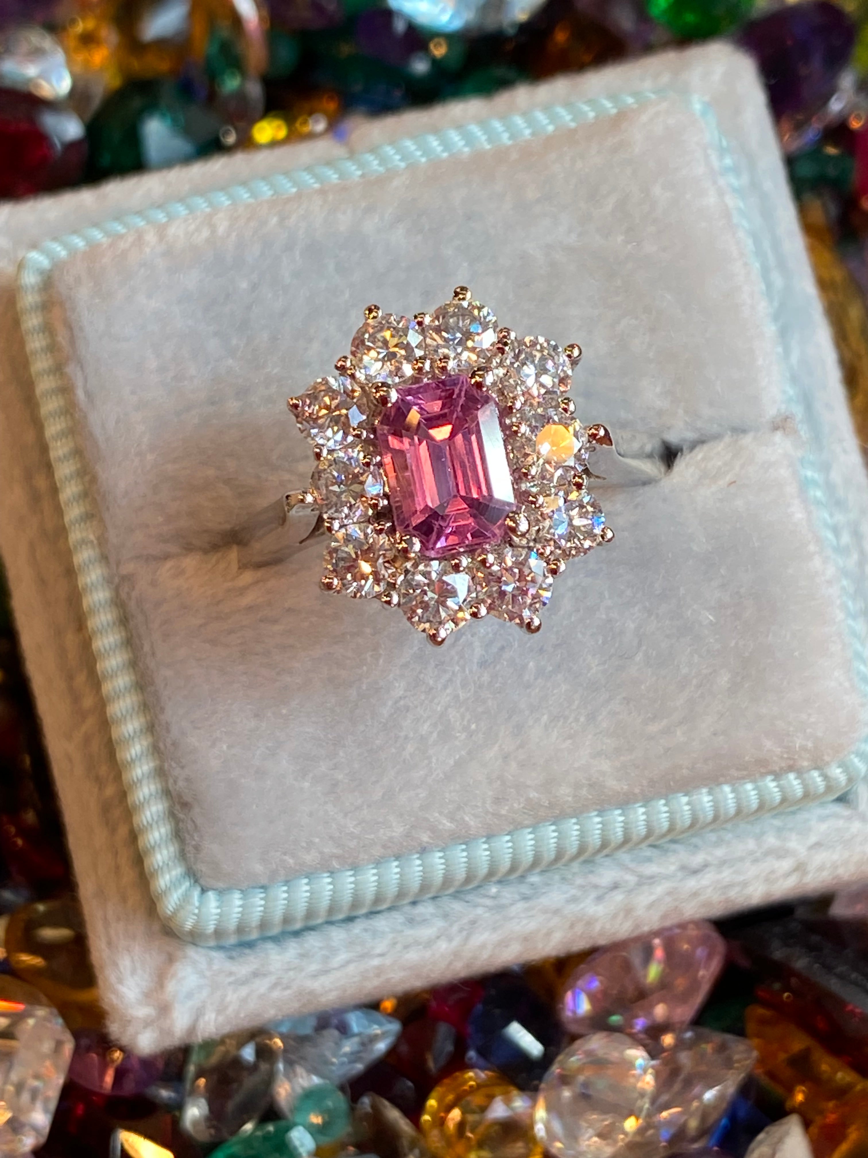2.33 CTW Emerald Cut Pink Sapphire and Natural Diamond Halo Ring in Platinum