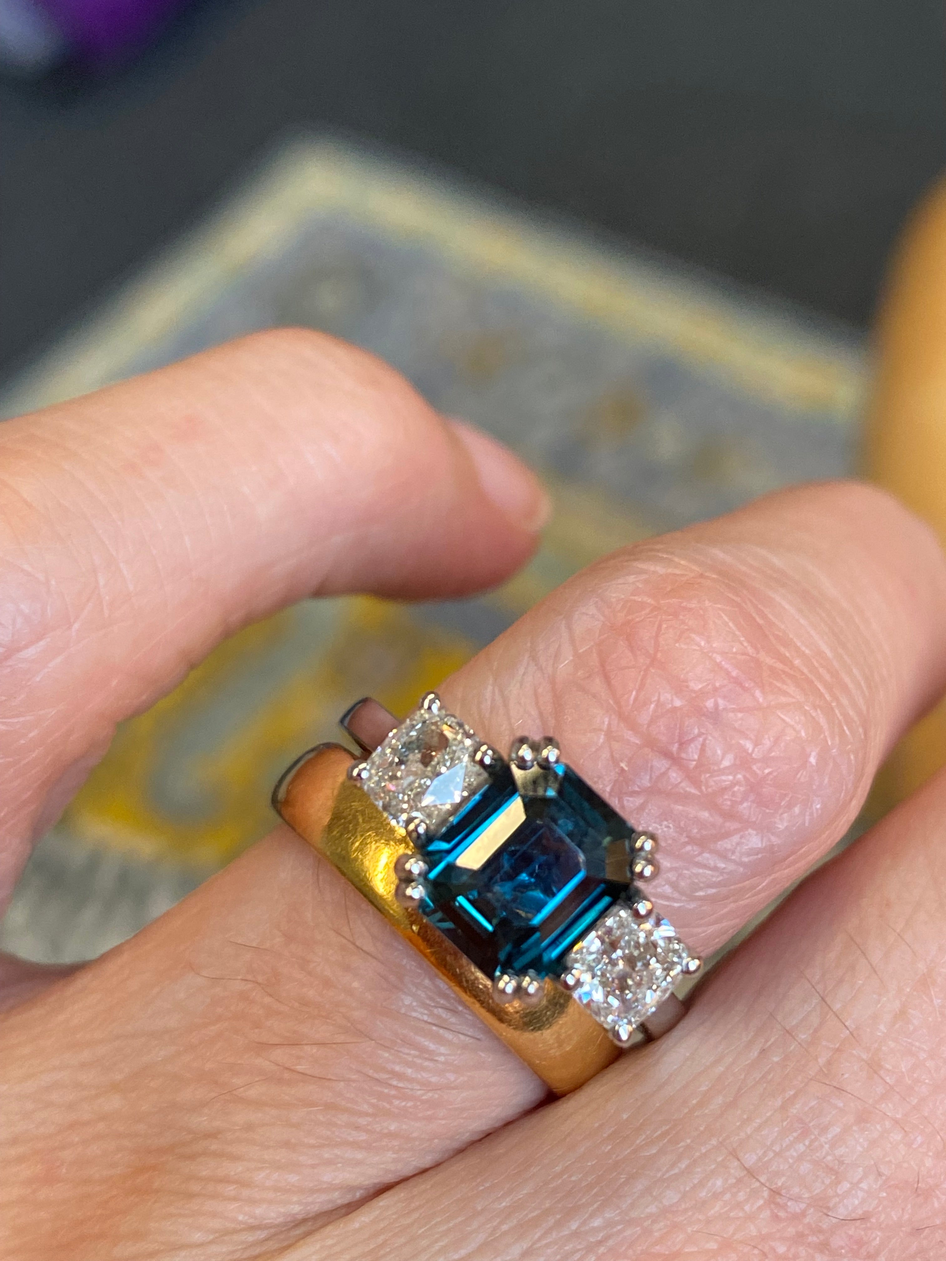 2.42 Carat Teal Sapphire and 0.97 CTW Natural Diamond Three Stone Ring in Platinum