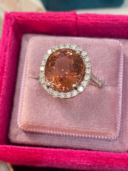 6.10 Carat Oval Cut Rose Pink Tourmaline and Natural Diamond Ring in Platinum