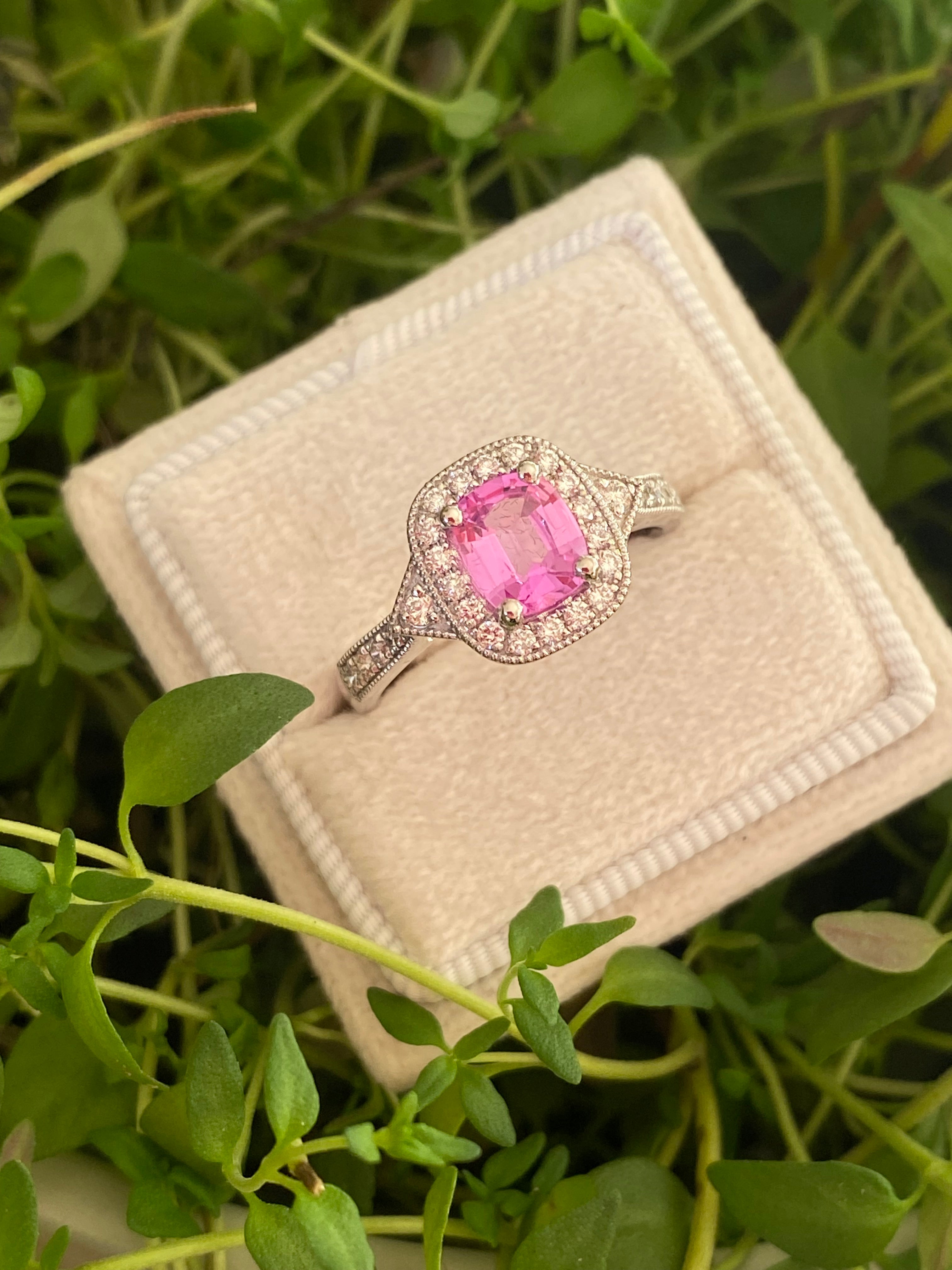 0.98 Carat Cushion Cut Pink Sapphire and 0.28 CTW Natural Diamond Halo Ring in Platinum