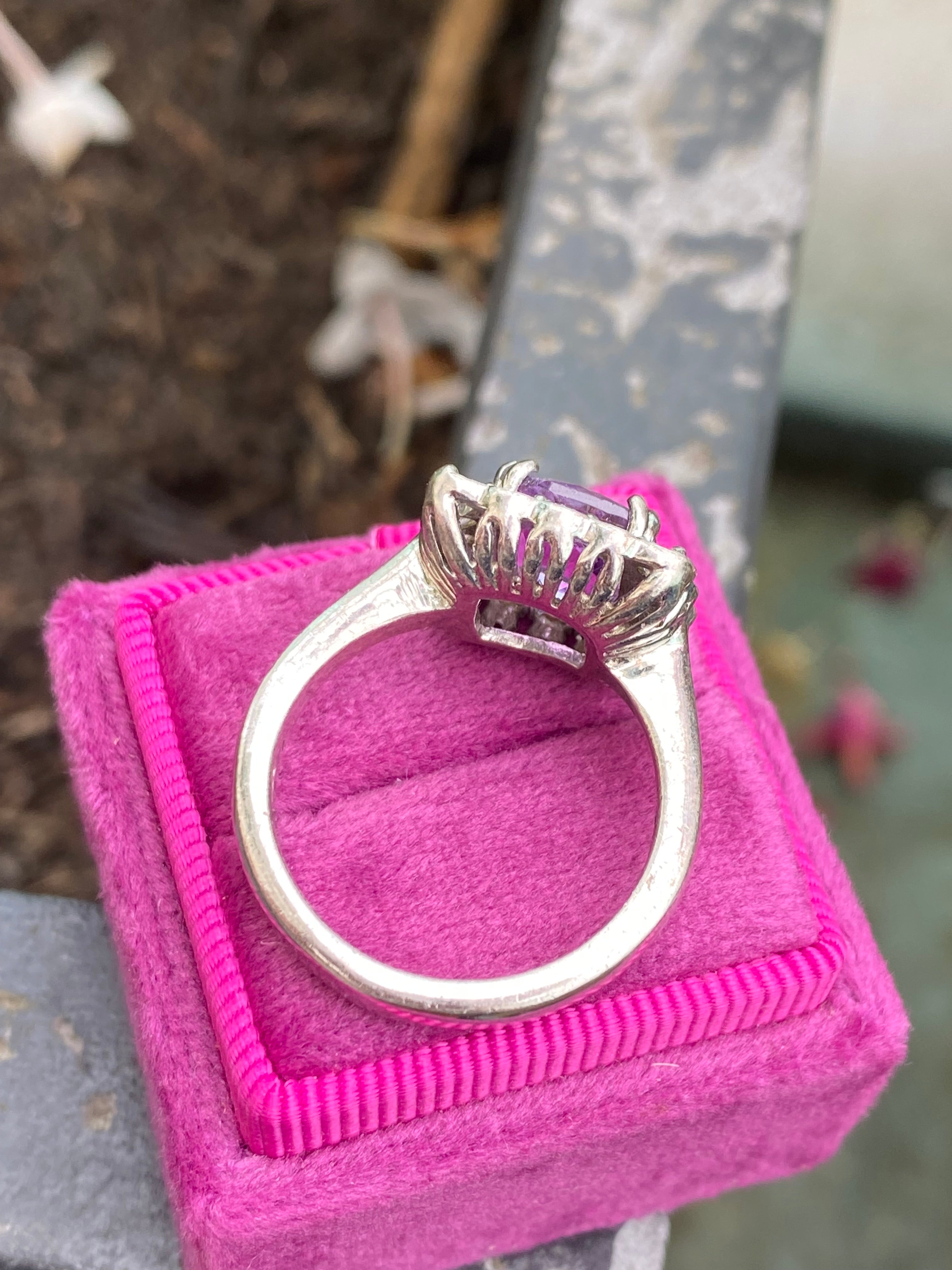 4.29 CTW Cushion Cut Amethyst and Moissanite Halo Cocktail Ring in Sterling Silver