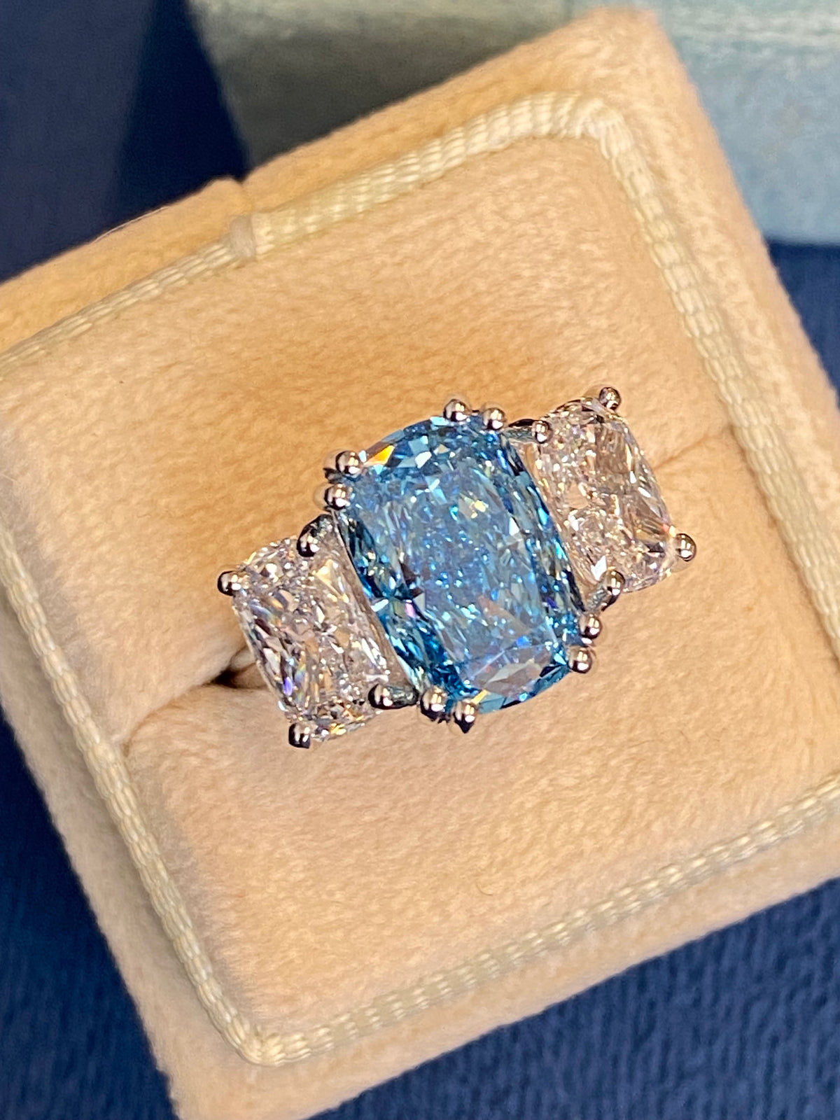 6.60 CTW Fancy Blue Cushion Cut Lab Diamond Graduated Three Stone Ring in Platinum