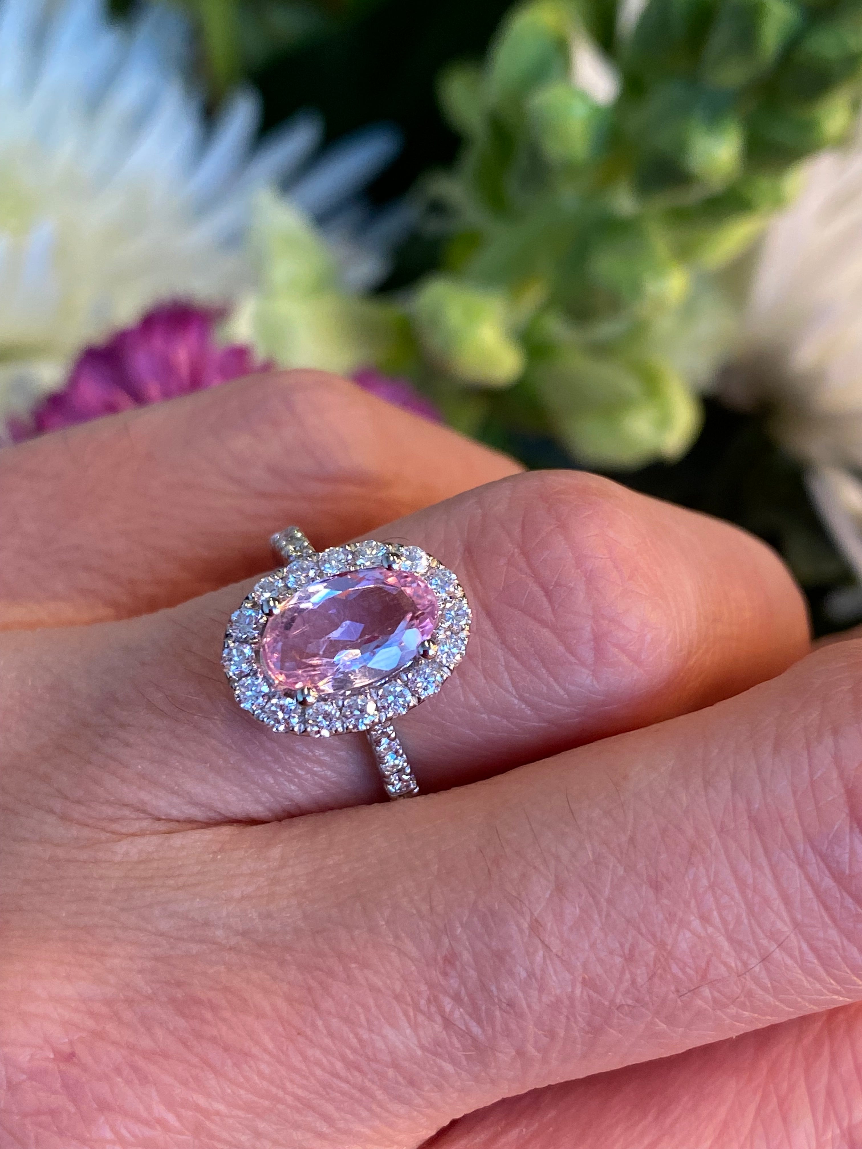 1.94 CTW Oval Cut Pink Topaz and Natural Diamond Halo Ring in Platinum