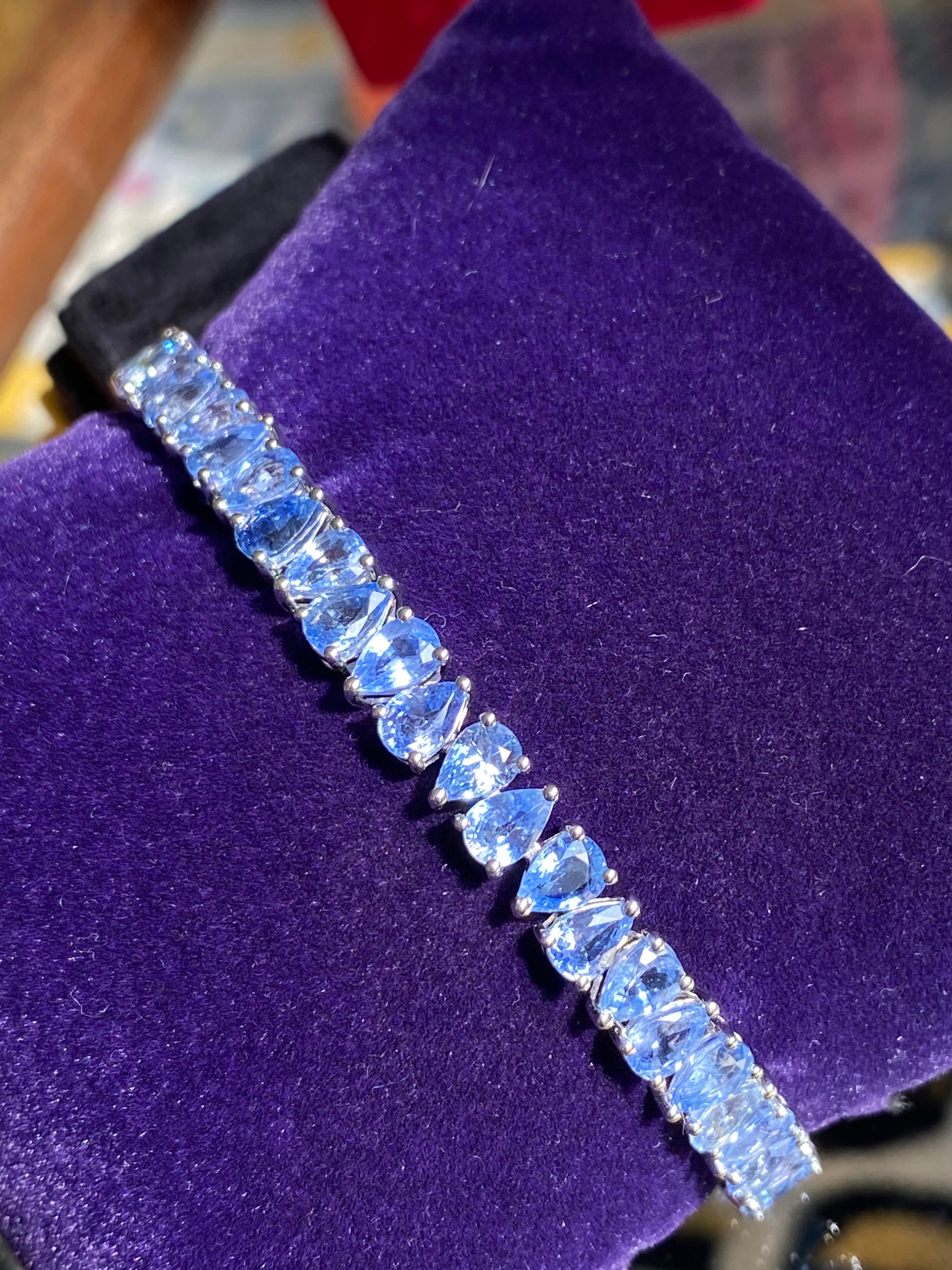 27.08 CTW Pear Cut Ceylon Sapphire Line Bracelet in 9ct White Gold