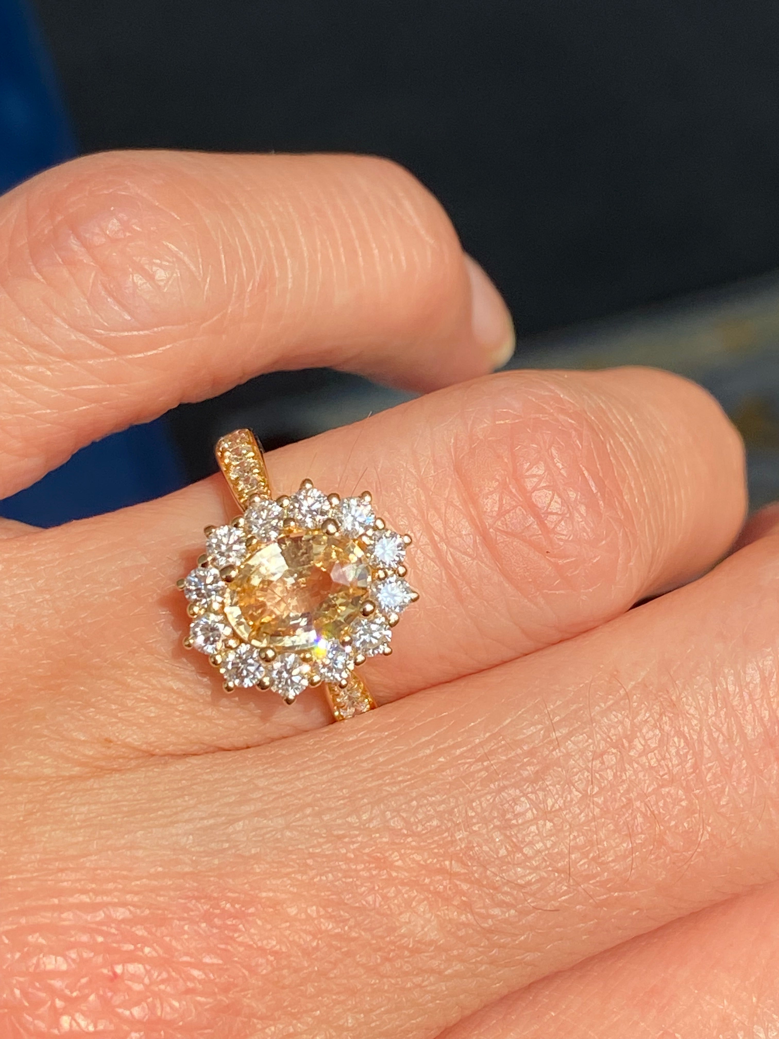 2.24 CTW Peach Sapphire and Natural Diamond Halo Ring in 18ct Yellow Gold