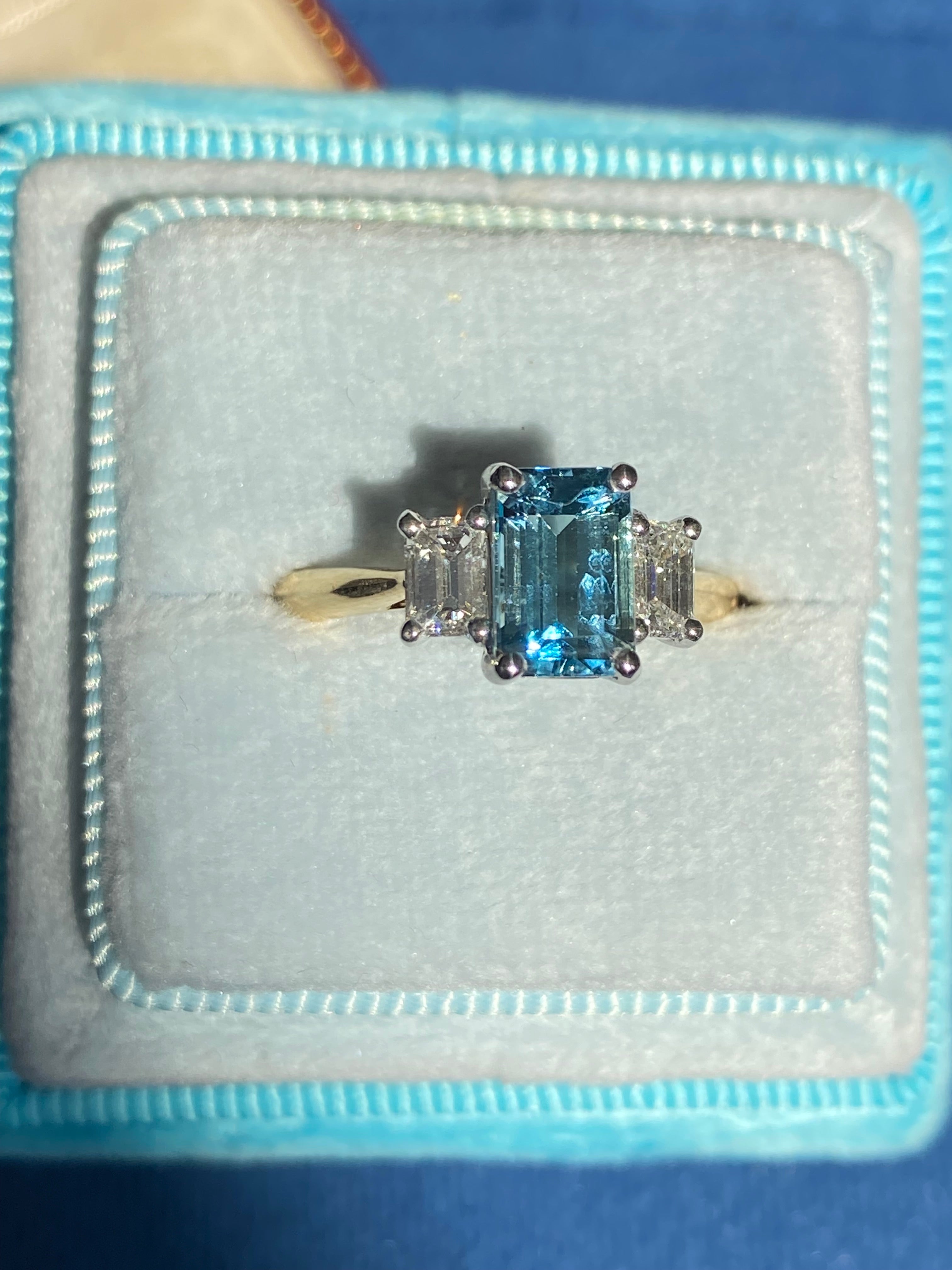 1.73 CTW Aquamarine and Natural Diamond Three Stone Ring in Platinum and 18ct Yellow Gold