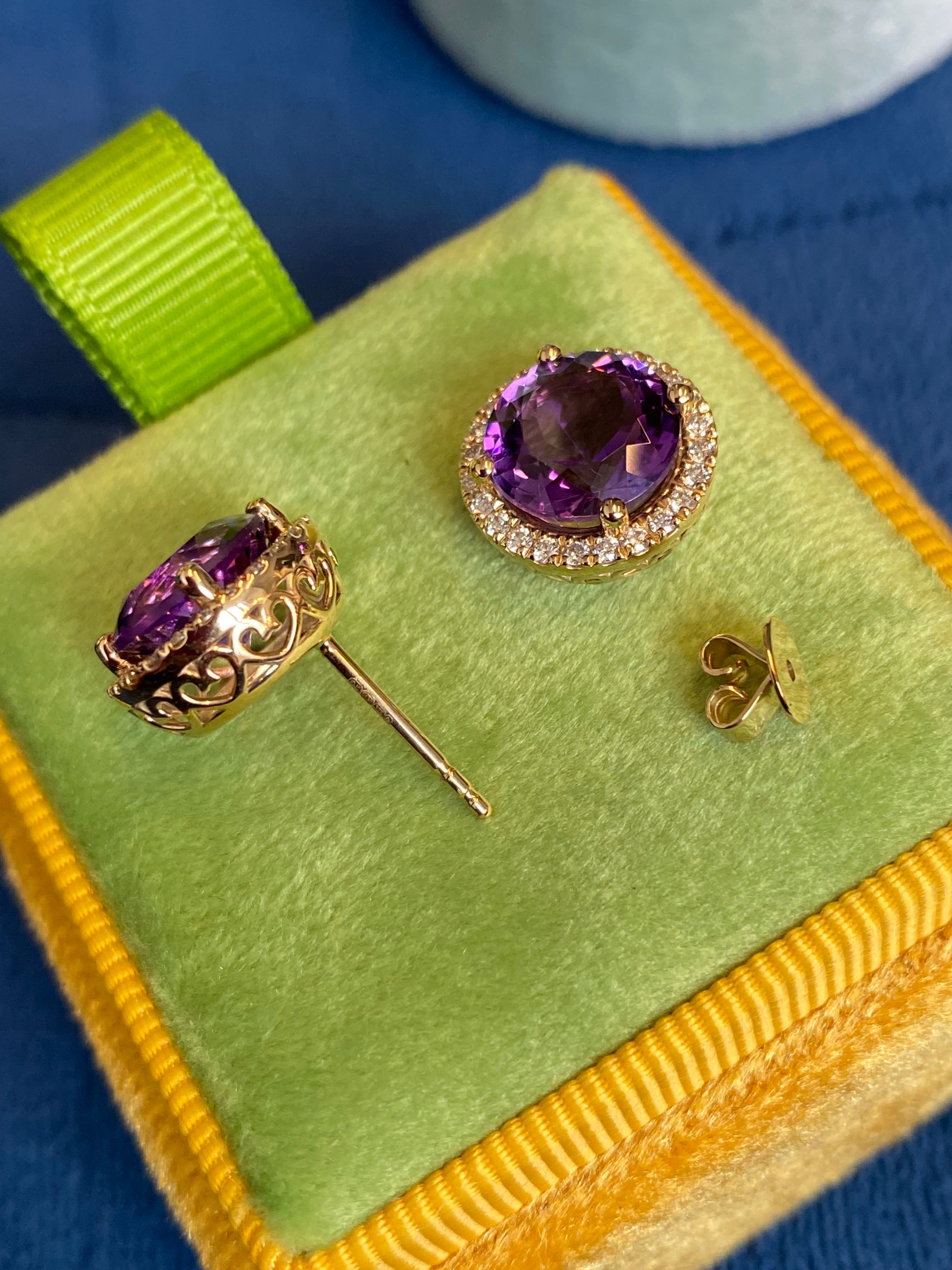 5.28 CTW Amethyst Natural Diamond Halo Stud Earrings in 9ct Yellow Gold