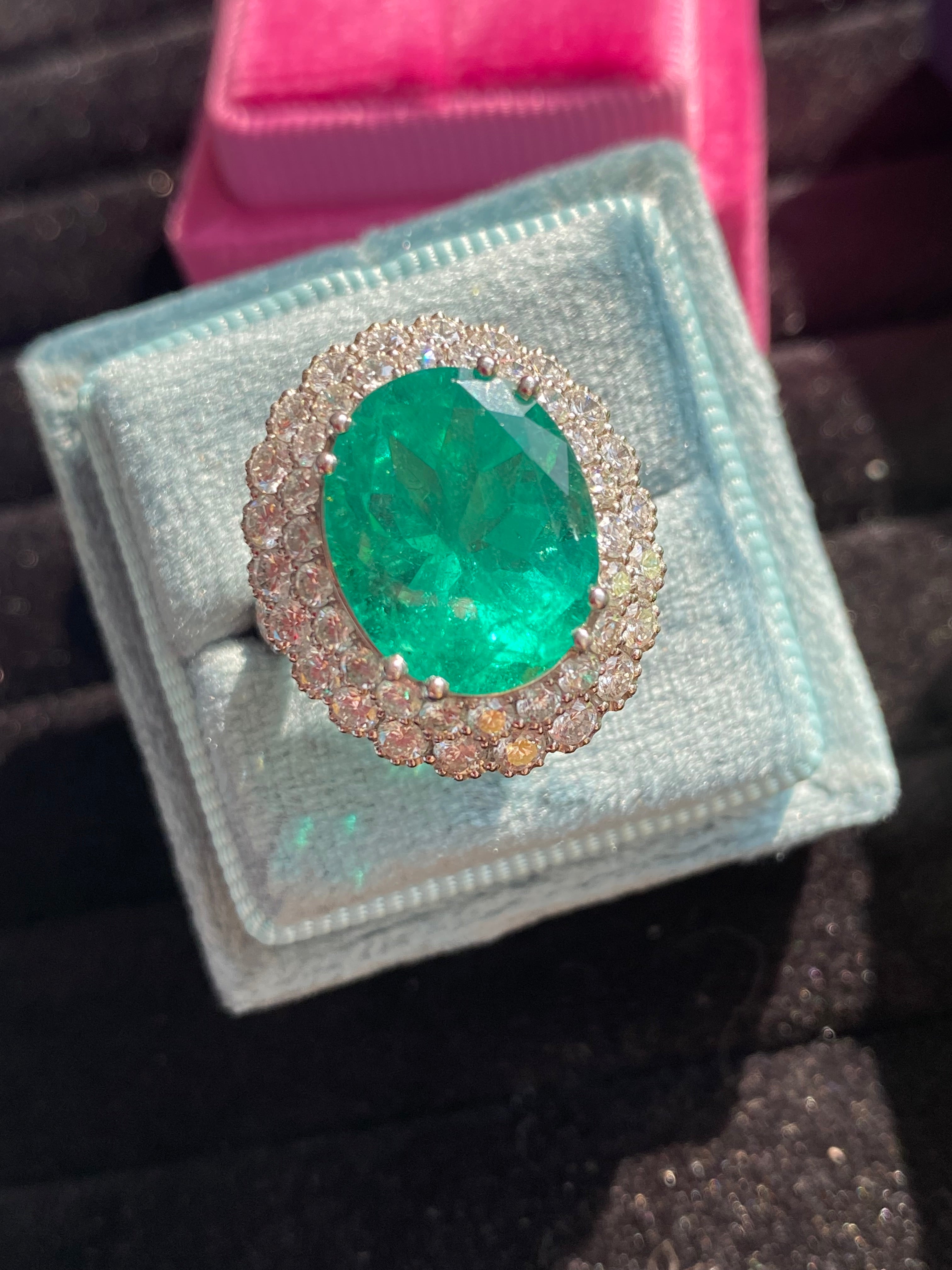 9.10 CTW Colombian Emerald and Natural Diamond Double Halo Ring in Platinum