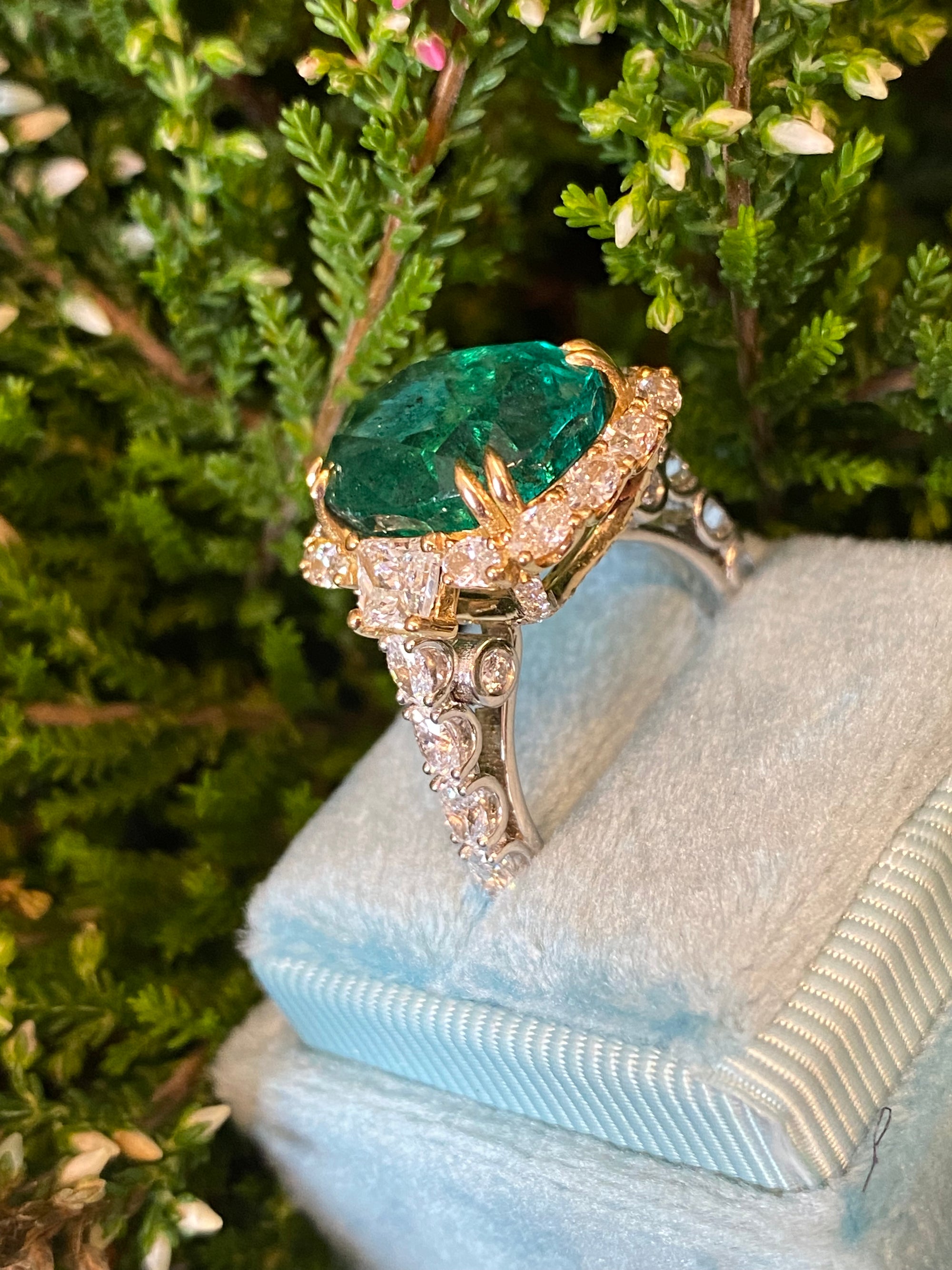 8.75 Carat Cushion Cut Zambian Emerald and 2.53 CTW Natural Diamond Halo Ring in Platinum and 18ct Yellow Gold