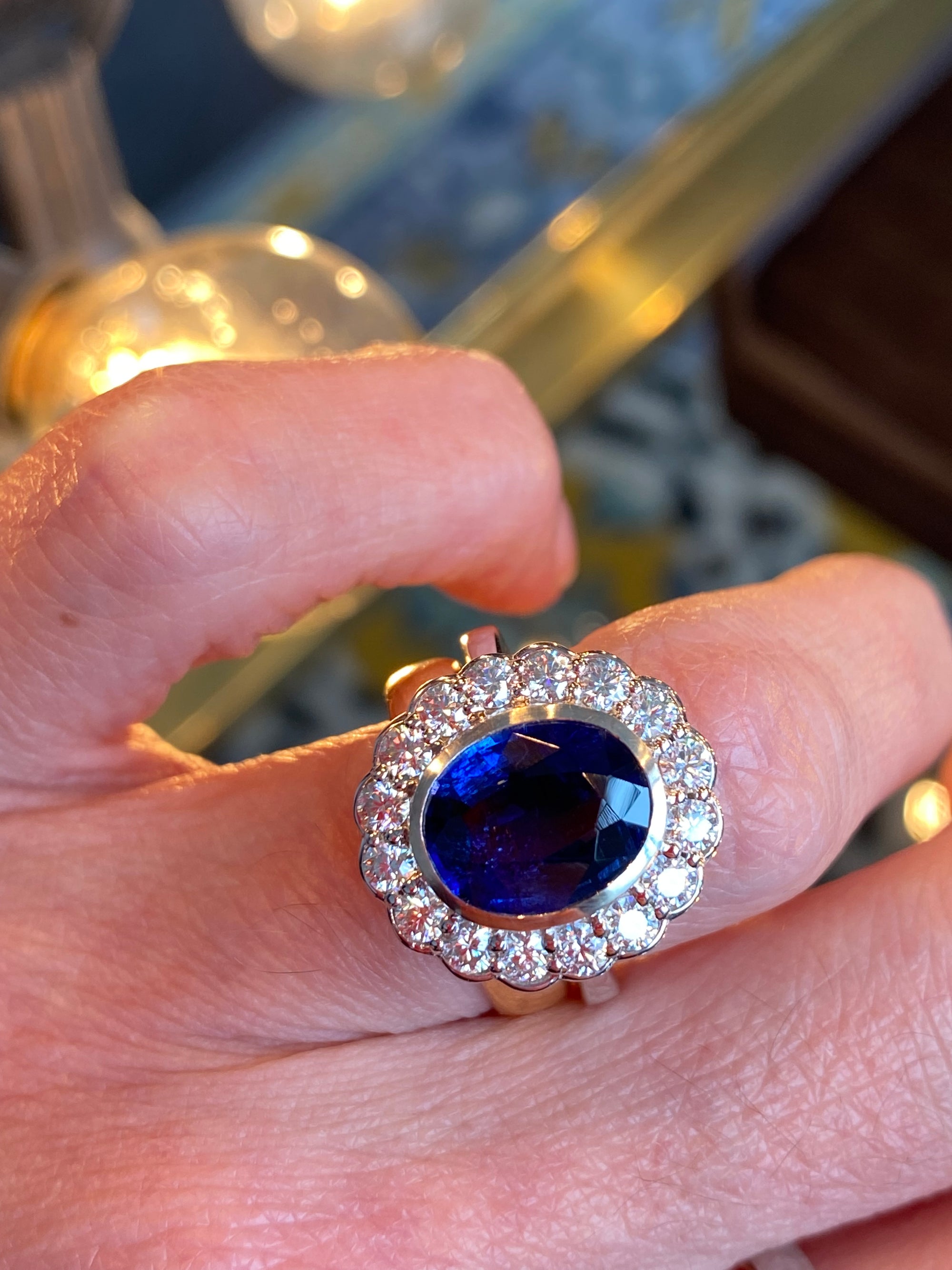 5.40 CTW Oval Cut Kyanite and Moissanite Halo Ring in Sterling Silver