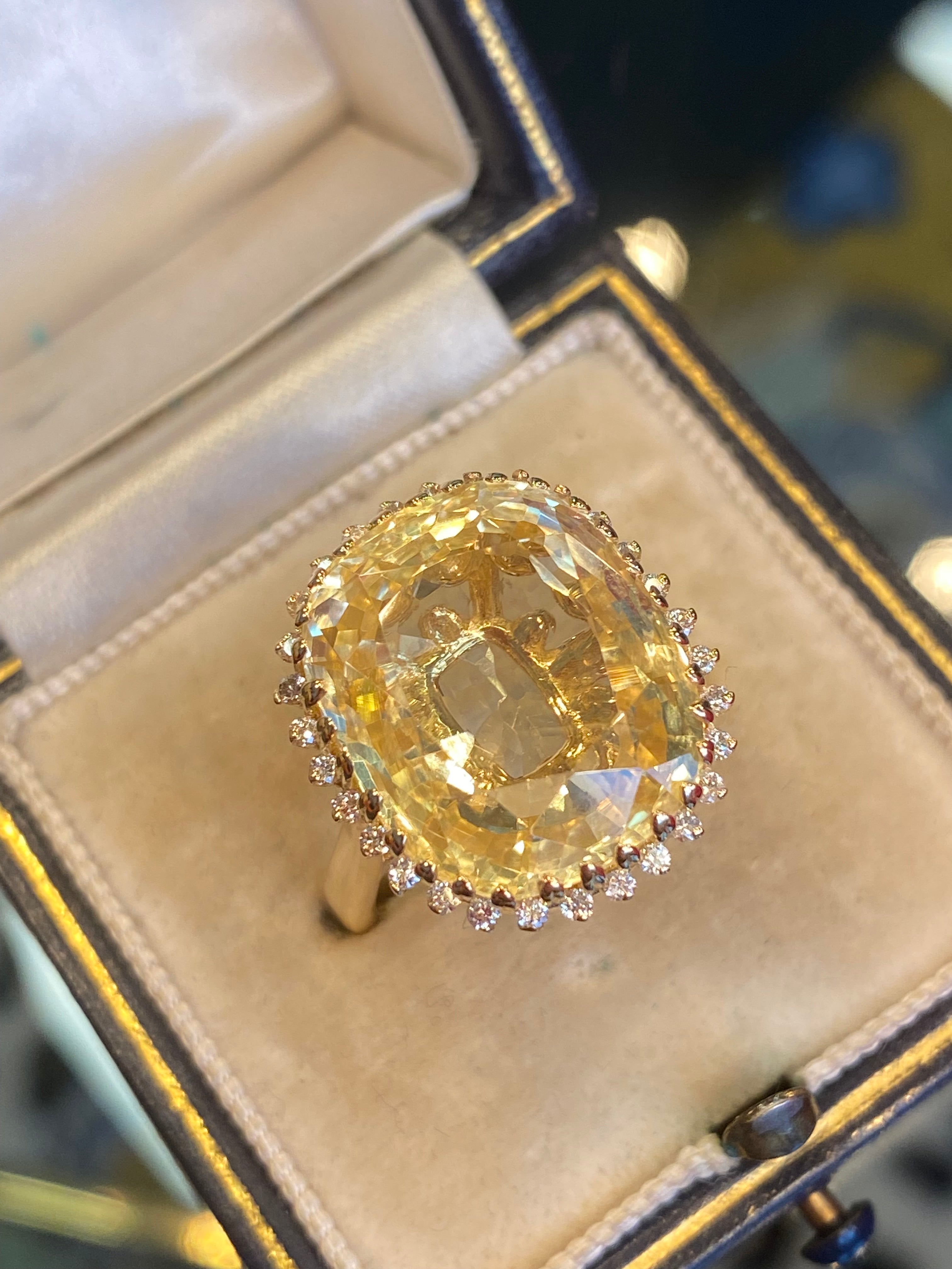 Masterpiece 19.23 Carat Certified Antique Unheated Yellow Sapphire and Diamond Ring