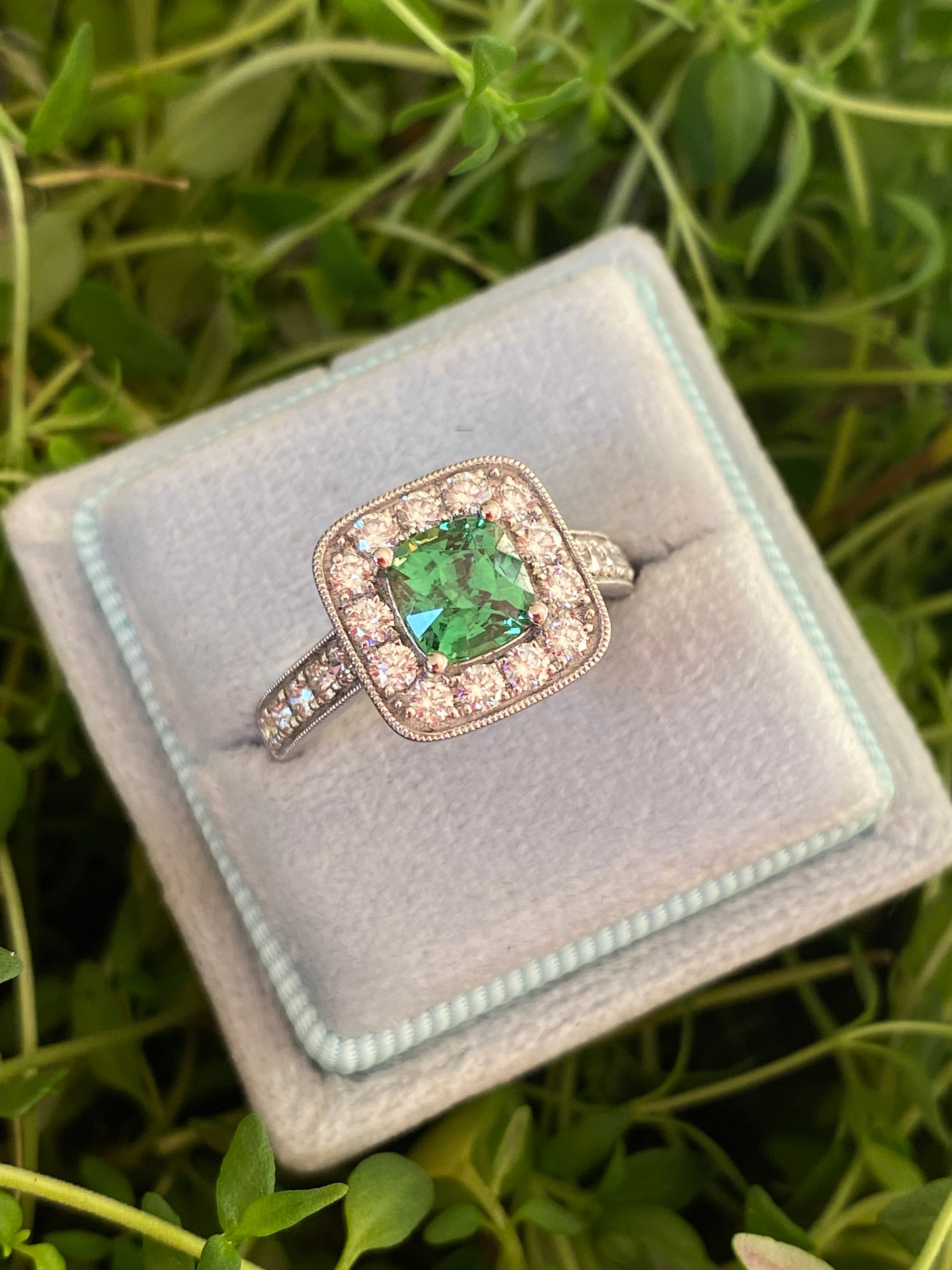 1.29 Carat Tsavorite Garnet and 0.72 Carat Diamond Halo Engagement Ring in Platinum