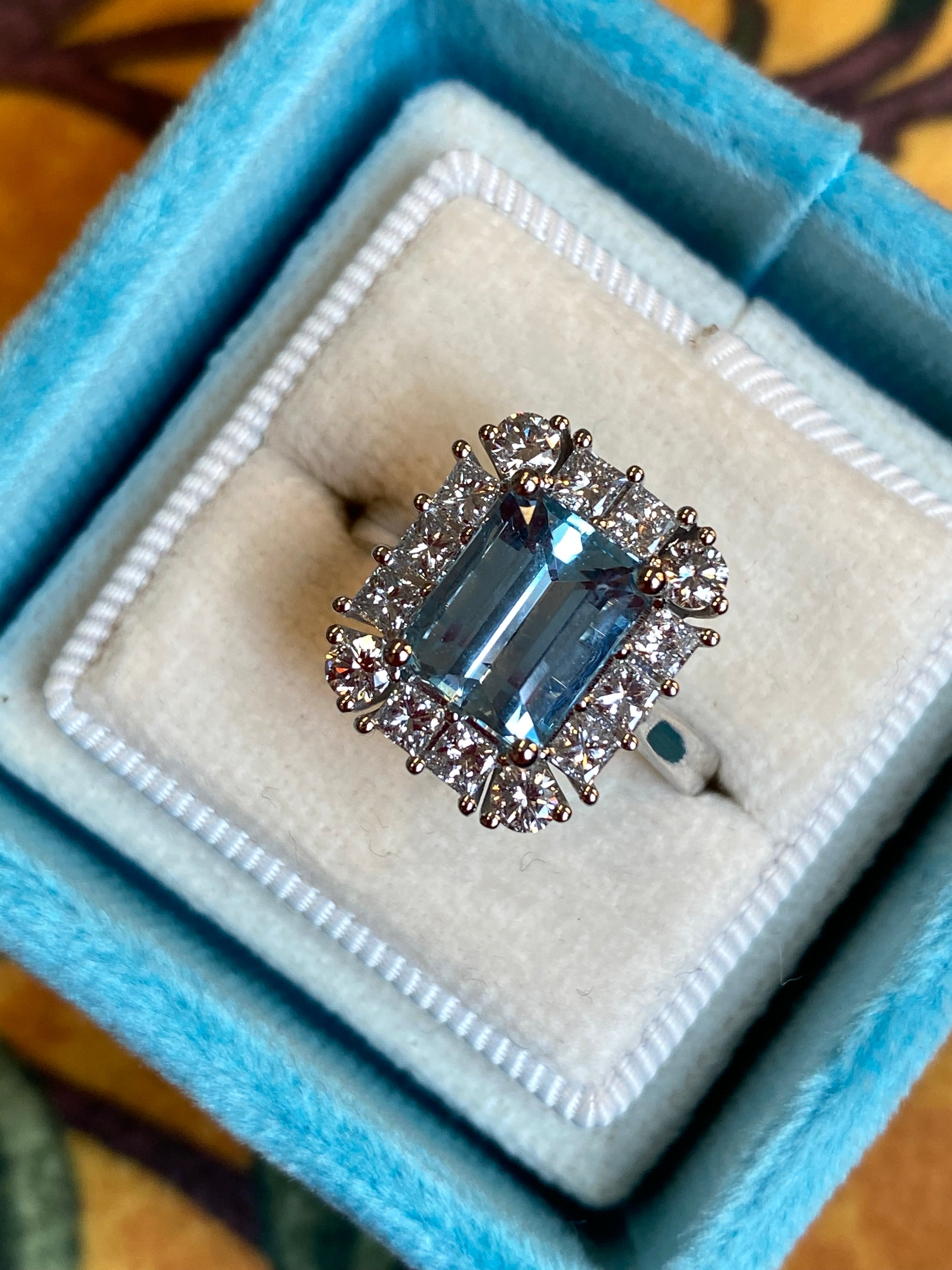 3.12 CTW Emerald Cut Aquamarine and Natural Diamond Halo Engagement Ring in Platinum
