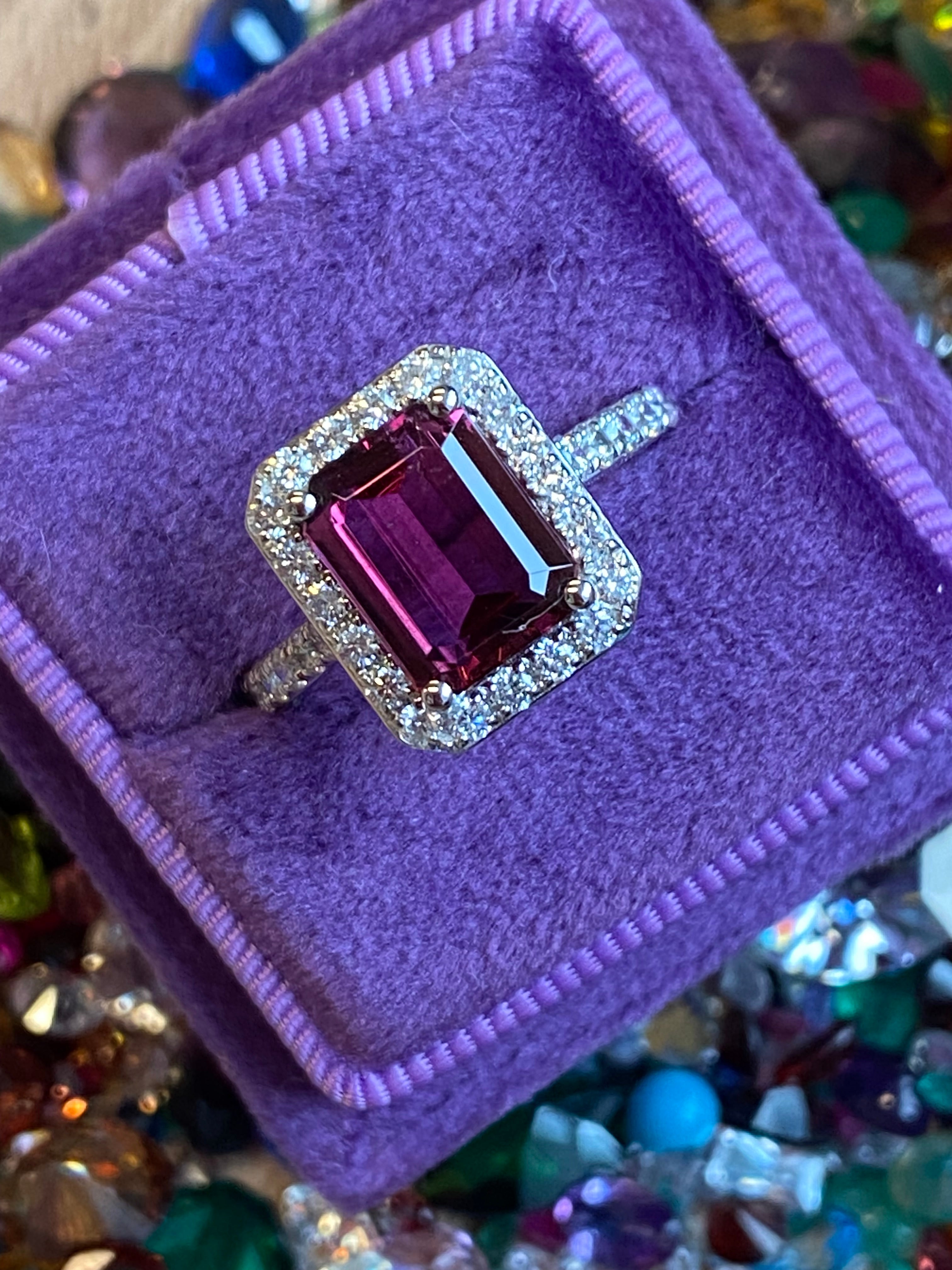 2.71 CTW Emerald Cut Pink Tourmaline and Natural Diamond Halo Ring in Platinum