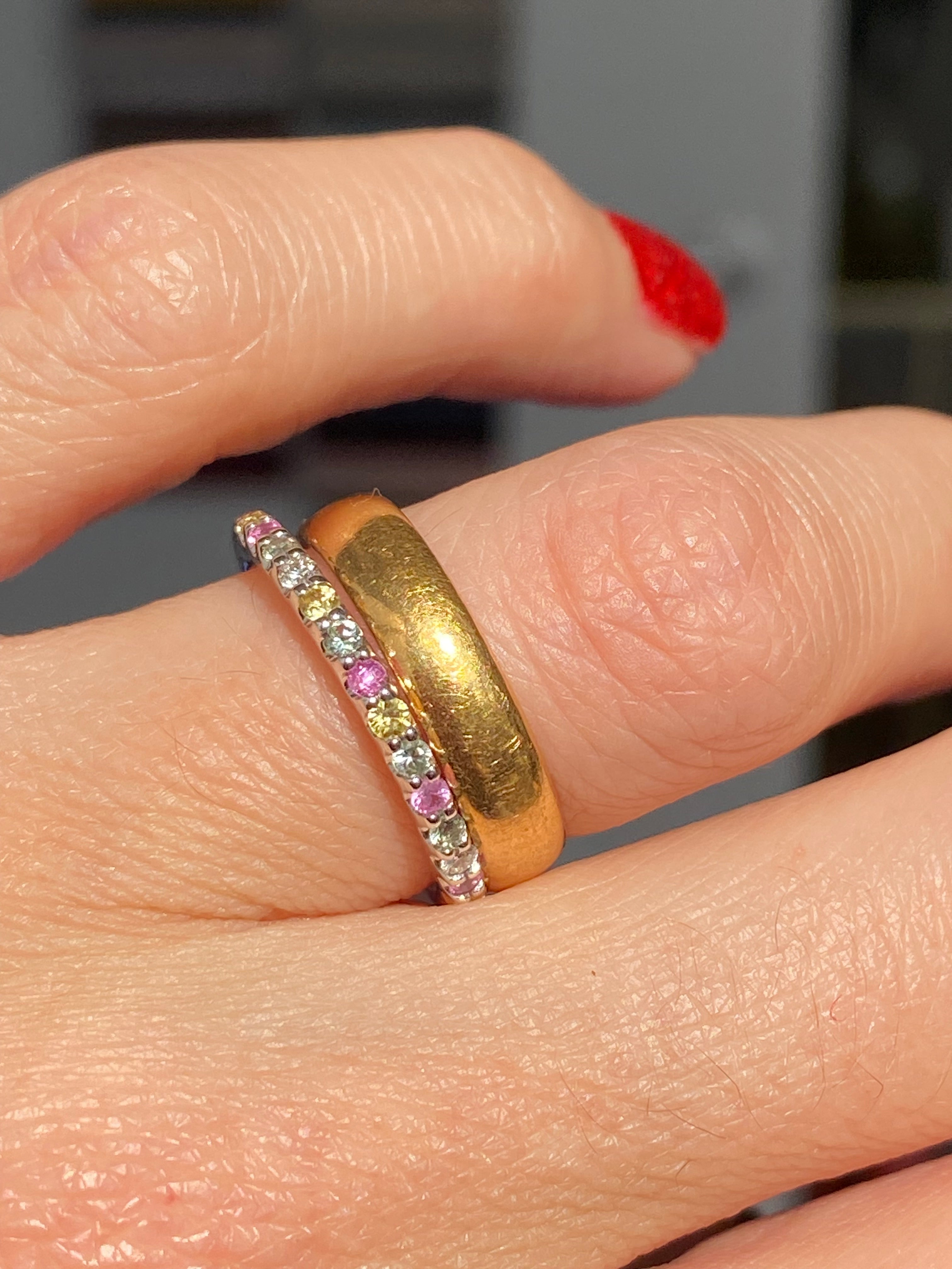 0.37 CTW Sweetshop Yellow, Pink, and Green Sapphire, and Natural Diamond Eternity Ring in 18ct White Gold