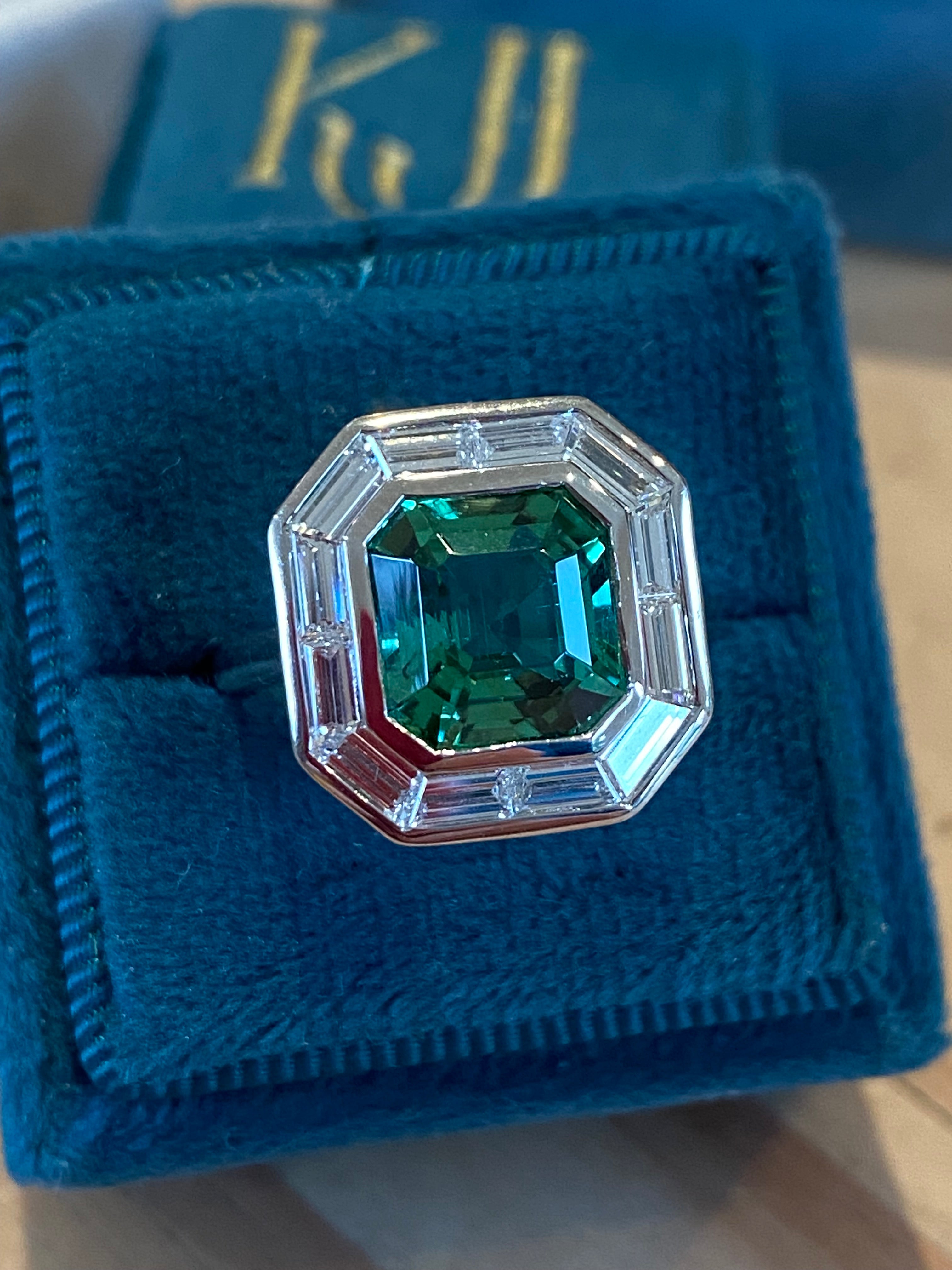 3.98 Carat Mint Tourmaline and 1.15ctw Natural Diamond Ring in Platinum