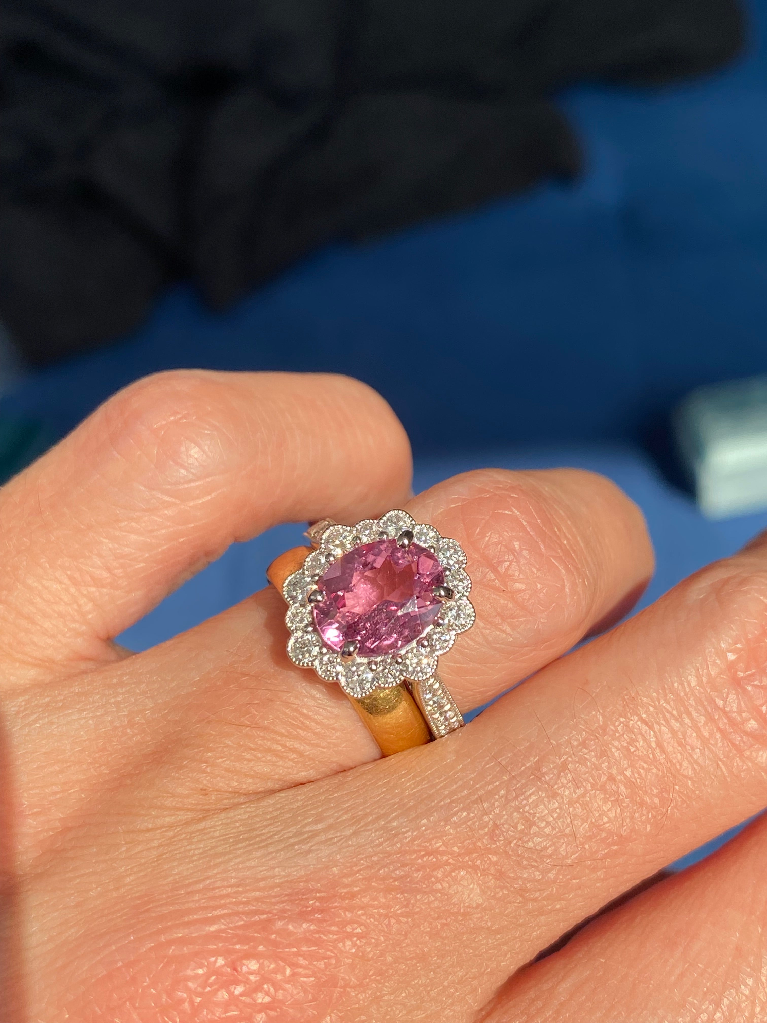 3.01 CTW Pink Tourmaline and Natural Diamond Halo Ring in Platinum