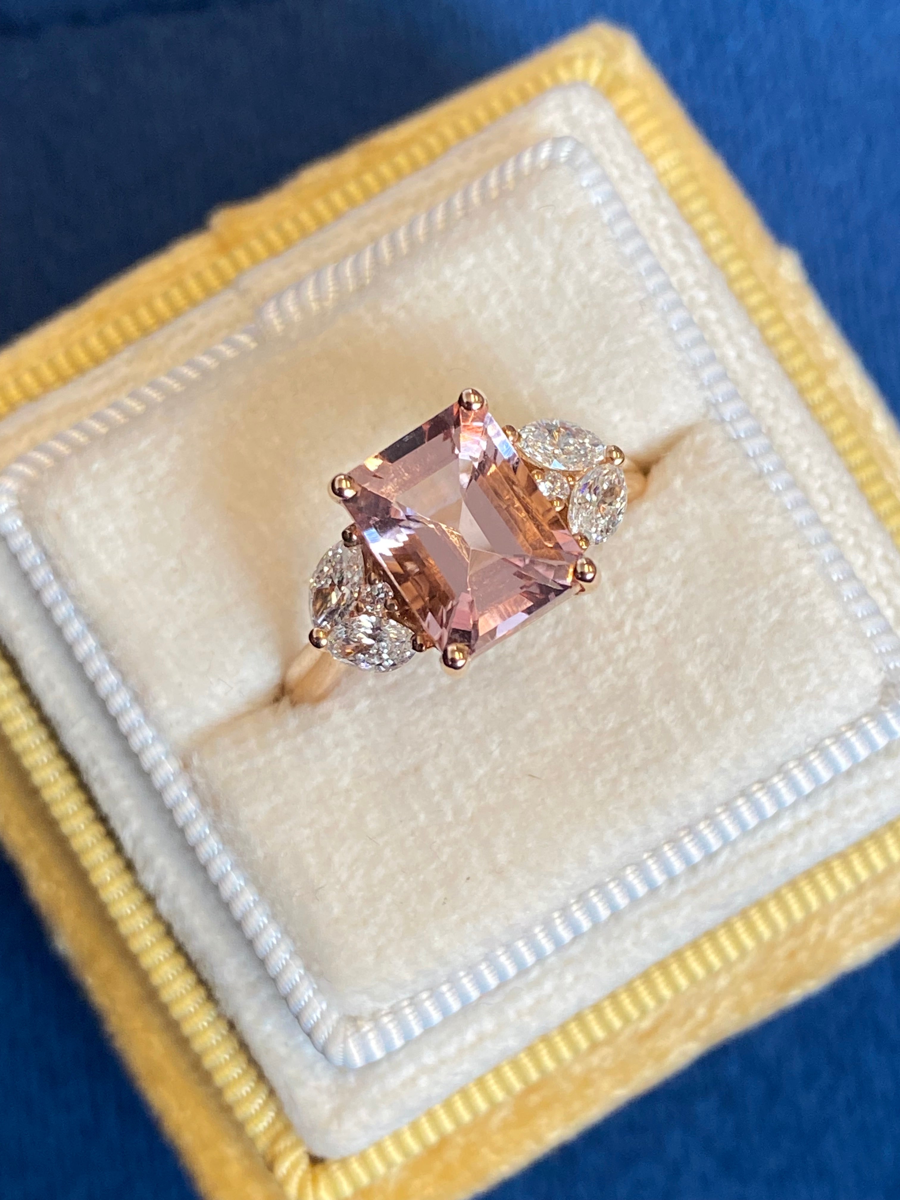 3.25 CTW Emerald Cut Morganite and Diamond Three Stone Engagement Ring in 18ct Rose Gold
