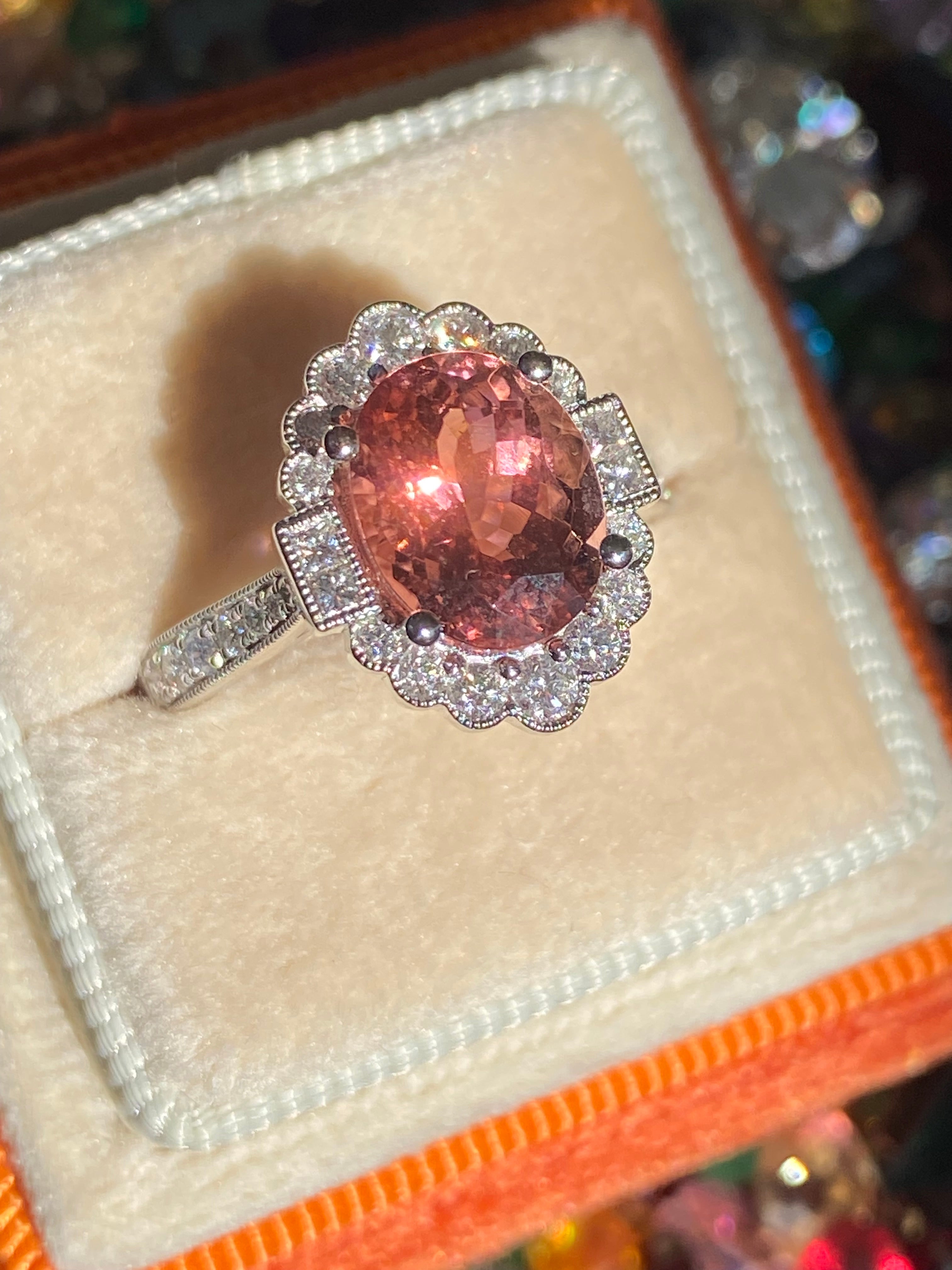 3.69 CTW Rose Tourmaline and Natural Diamond Halo Ring in Platinum