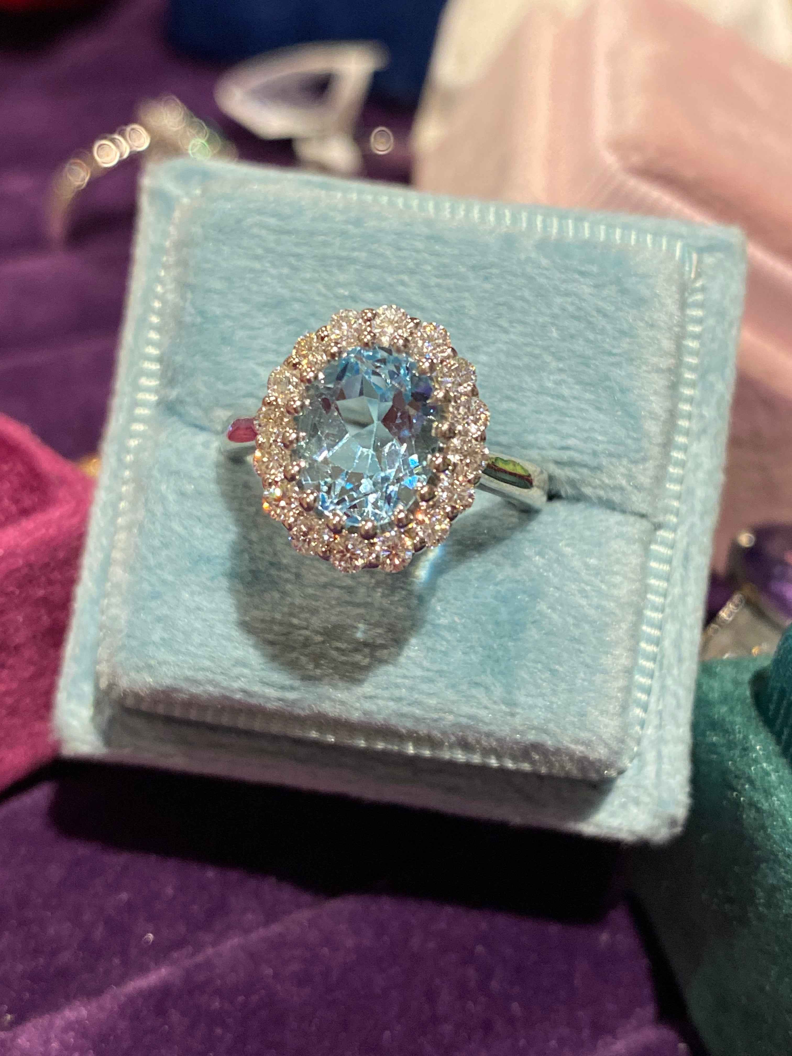 2.33 CTW Oval Cut Blue Topaz and Moissanite Halo Cluster Ring in Sterling Silver