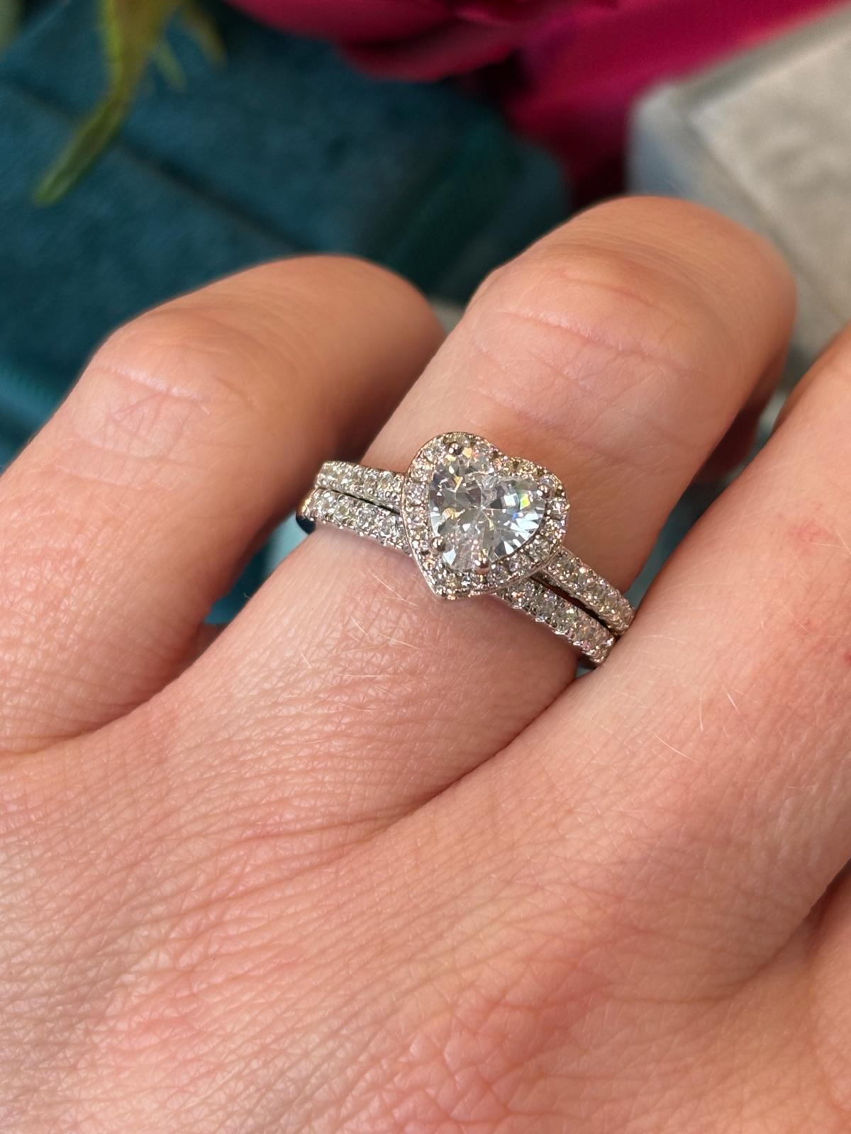 Heart Shape Moissanite Halo Engagement and Wedding / Eternity Ring Set in Sterling Silver