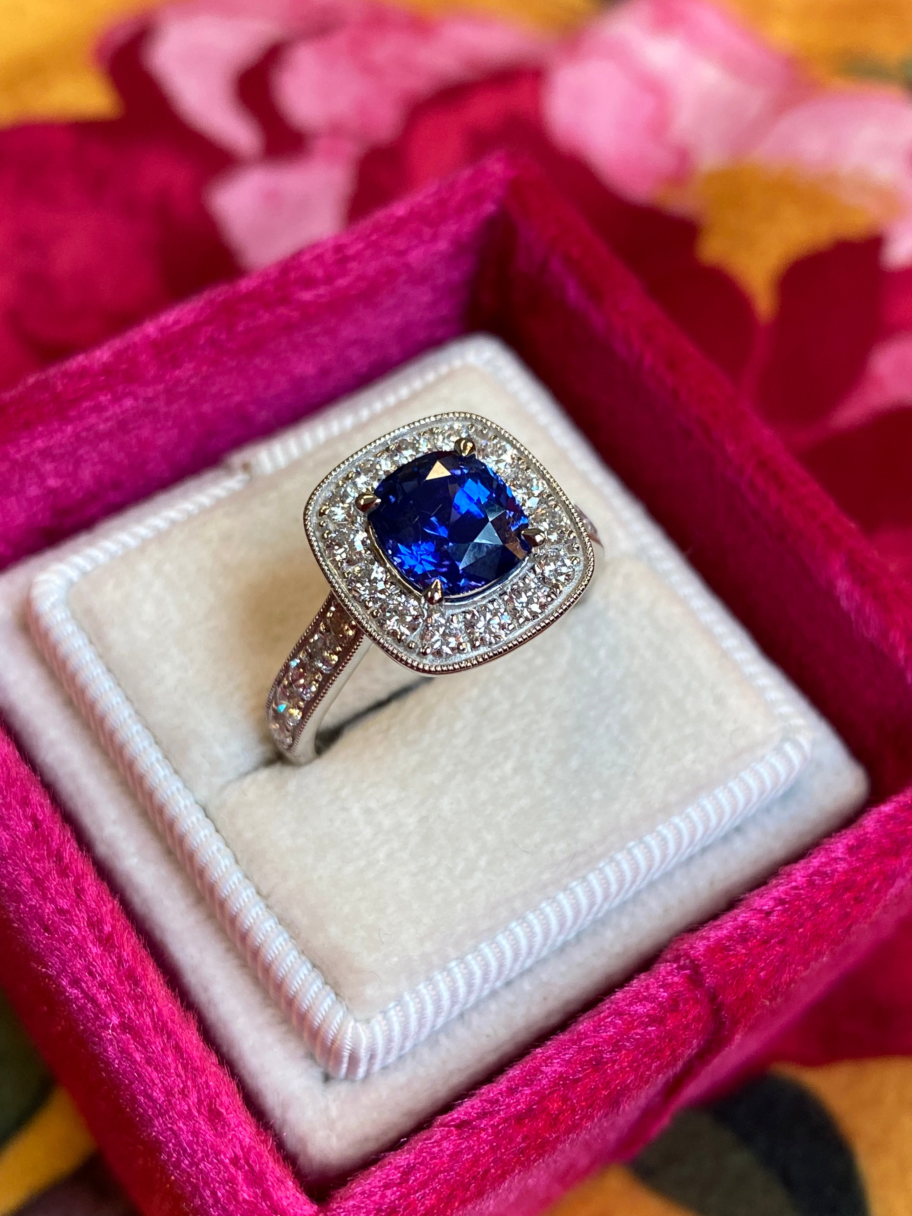 2.24 Carat Blue Ceylon Sapphire and Natural Diamond Halo Ring in Platinum