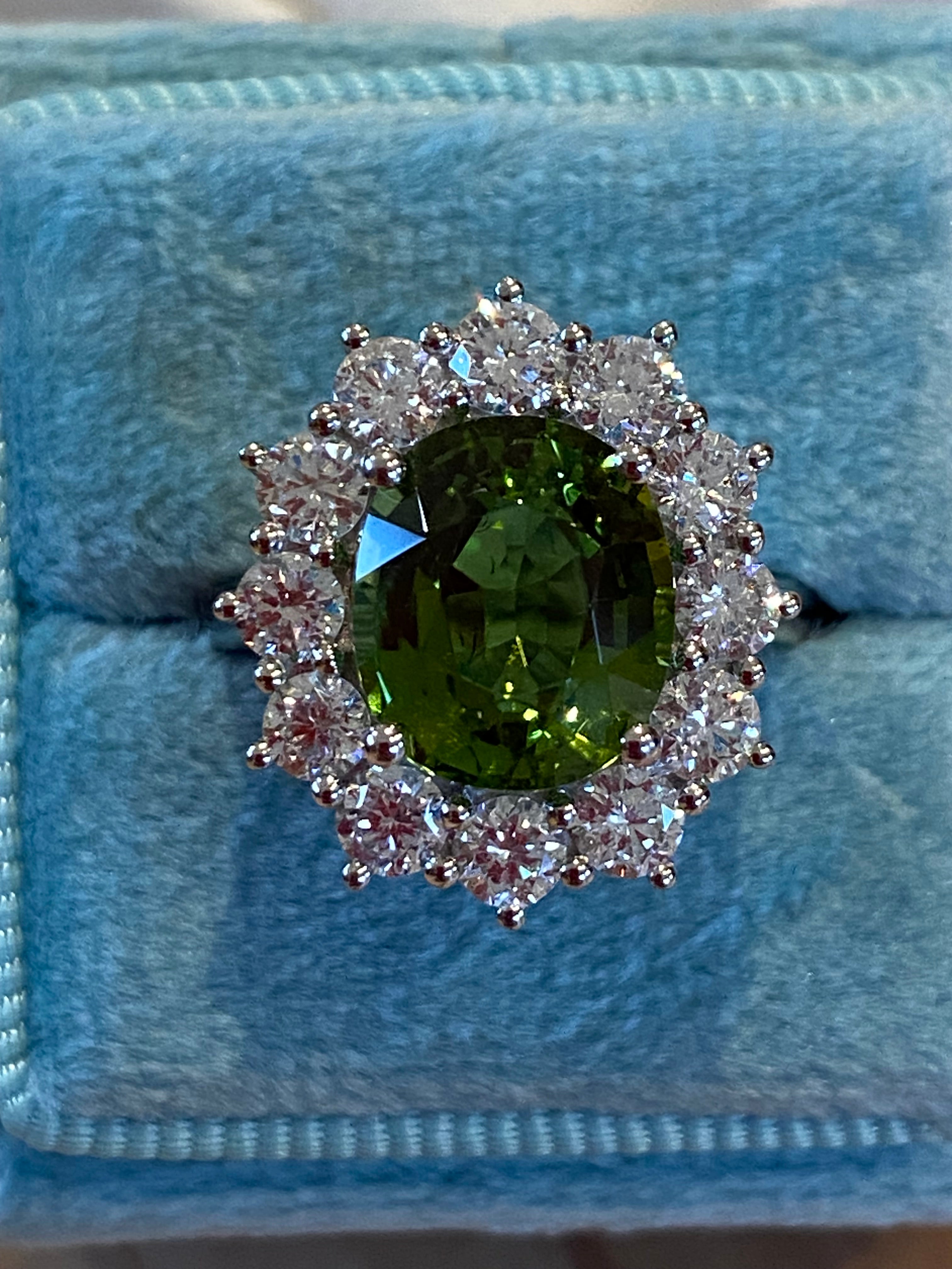 4.99 CTW Green Tourmaline and Natural Diamond Halo Ring in Platinum
