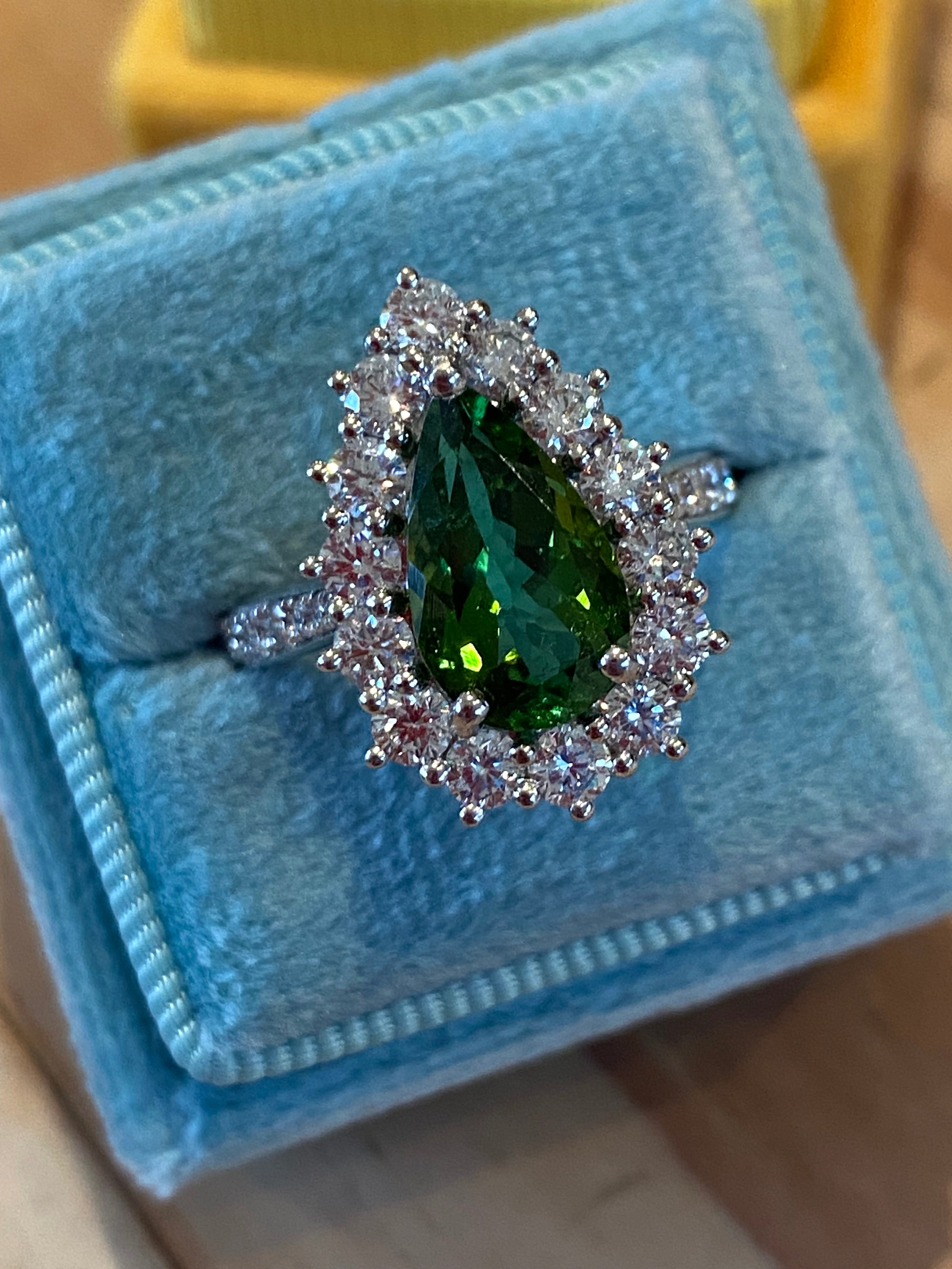 3.97 CTW Pear Cut Green Tourmaline and Natural Diamond Ring in Platinum