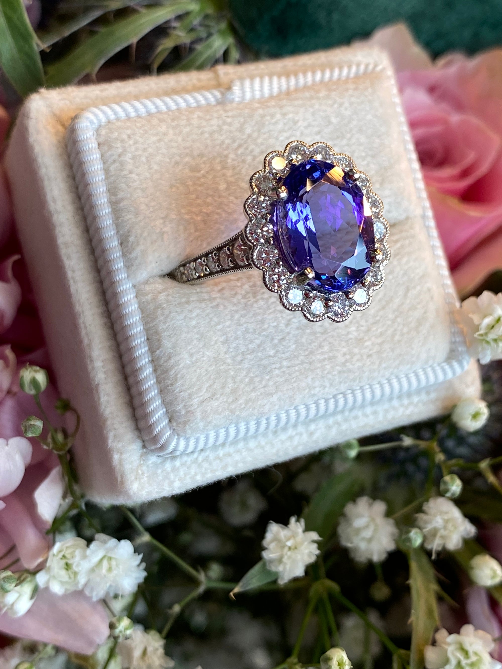 3.87 Carat Oval Cut Tanzanite and 0.75ctw Natural Diamond Cocktail Ring in Platinum