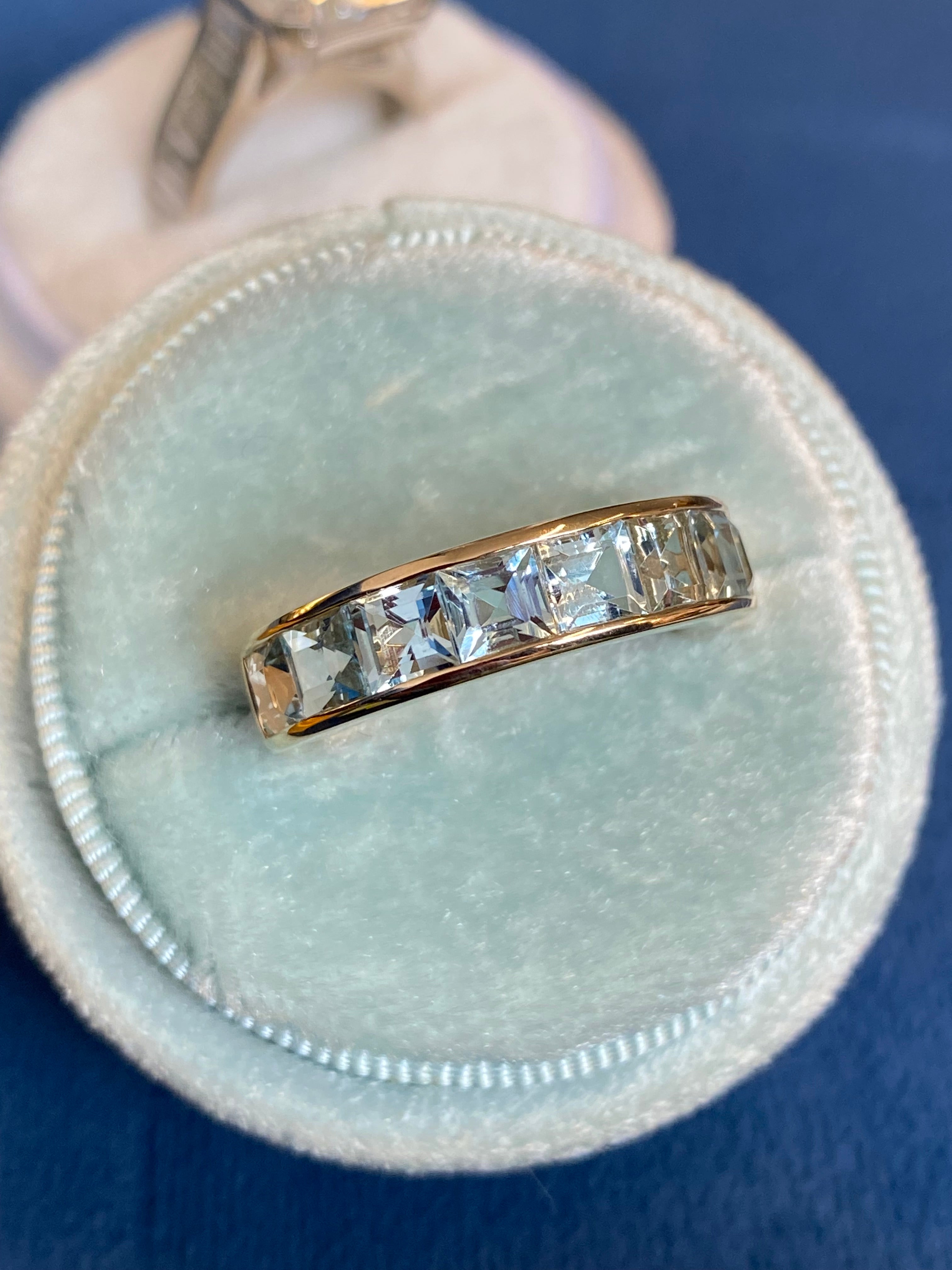 2.50 CTW Princess Cut Aquamarine Eternity Ring in 9ct Yellow Gold