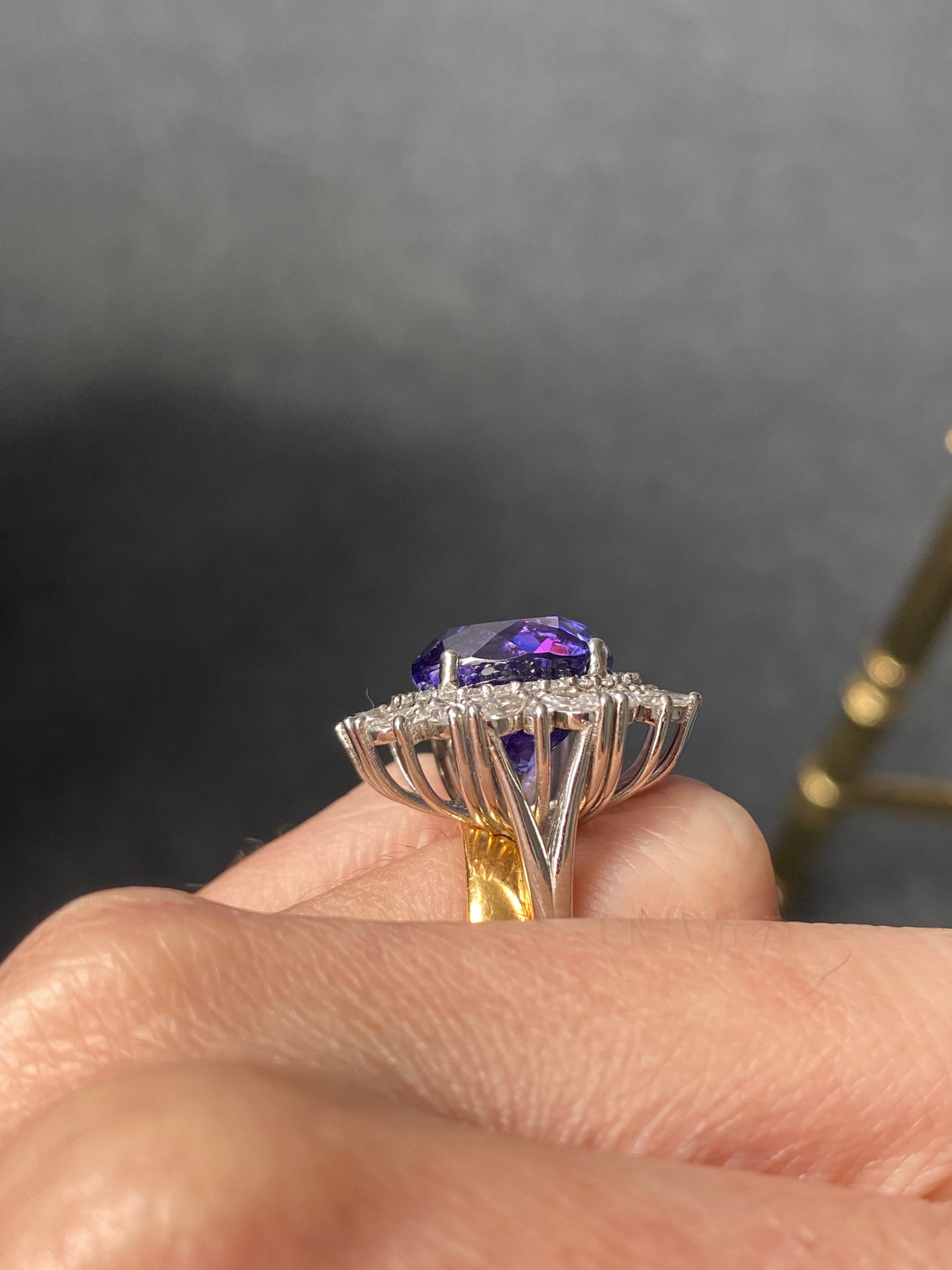 15.96 Carat Round Cut Tanzanite and 2.88ctw Natural Diamond Cocktail Ring in Platinum