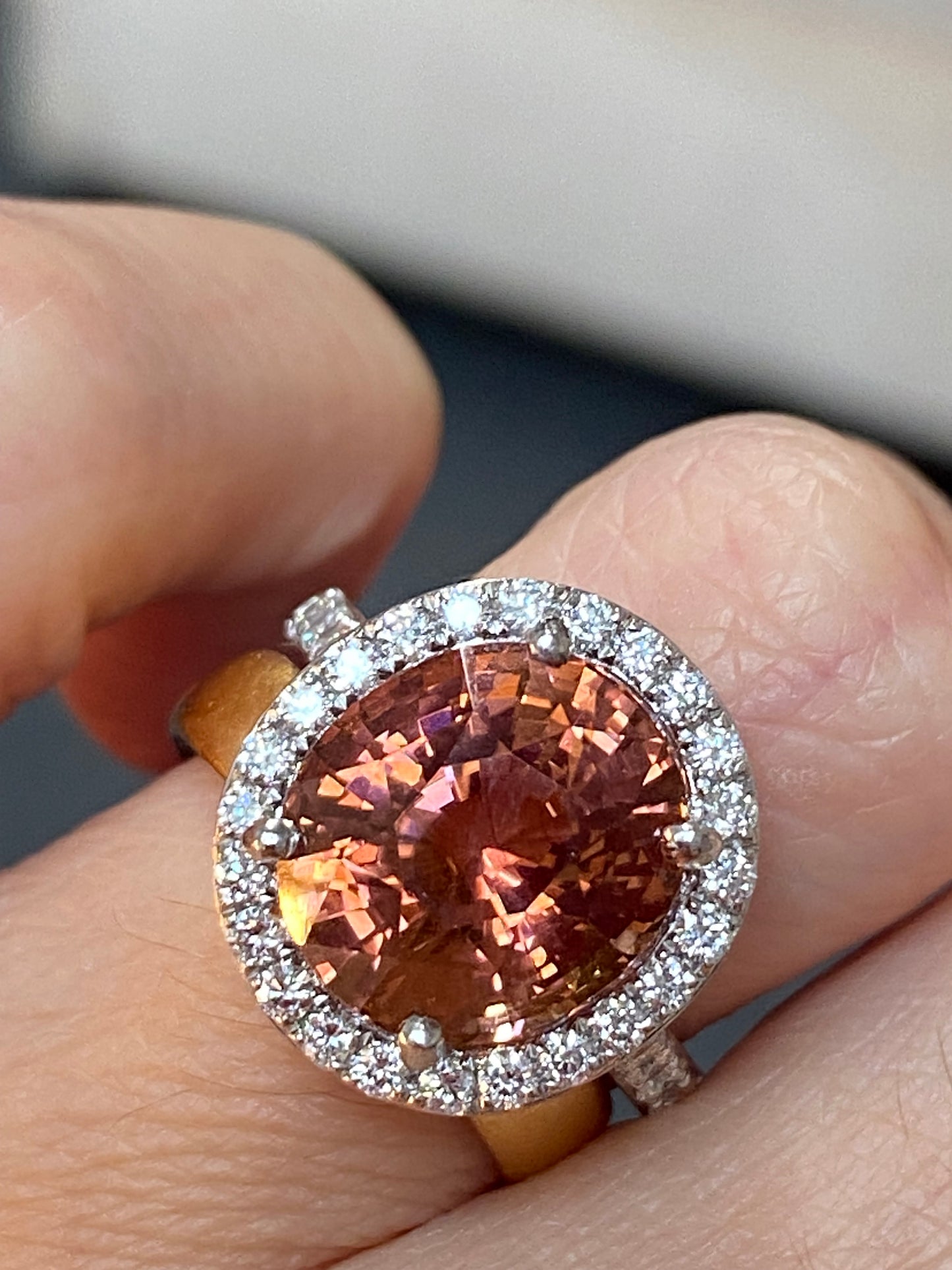 6.10 Carat Oval Cut Rose Pink Tourmaline and Natural Diamond Ring in Platinum