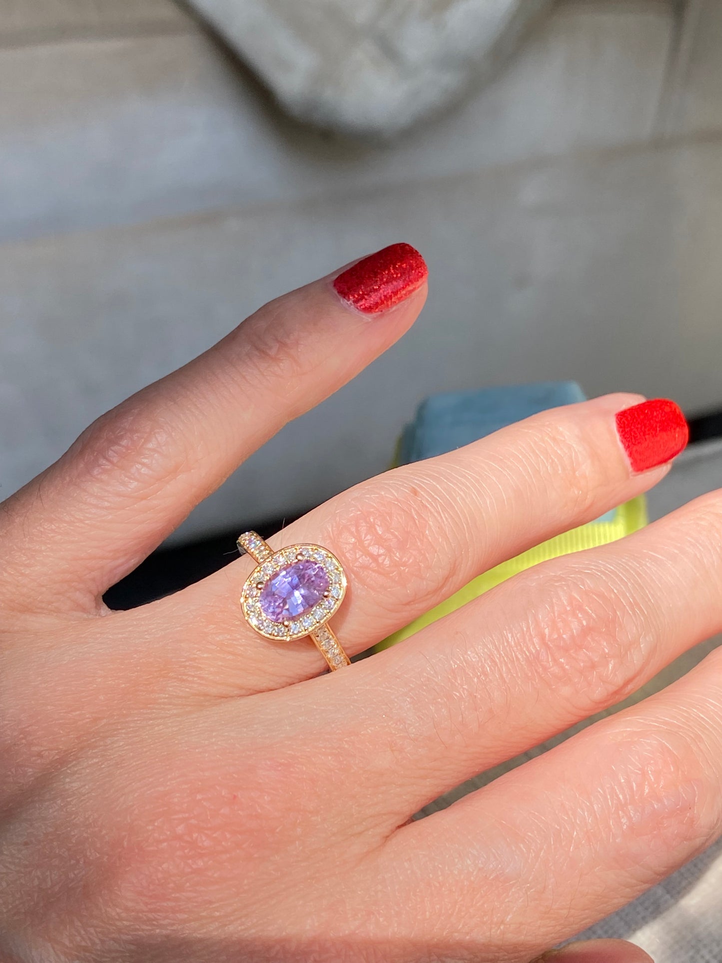 1.37 Carat Lilac Sapphire and Natural Diamond Engagement Ring in 18ct Yellow Gold
