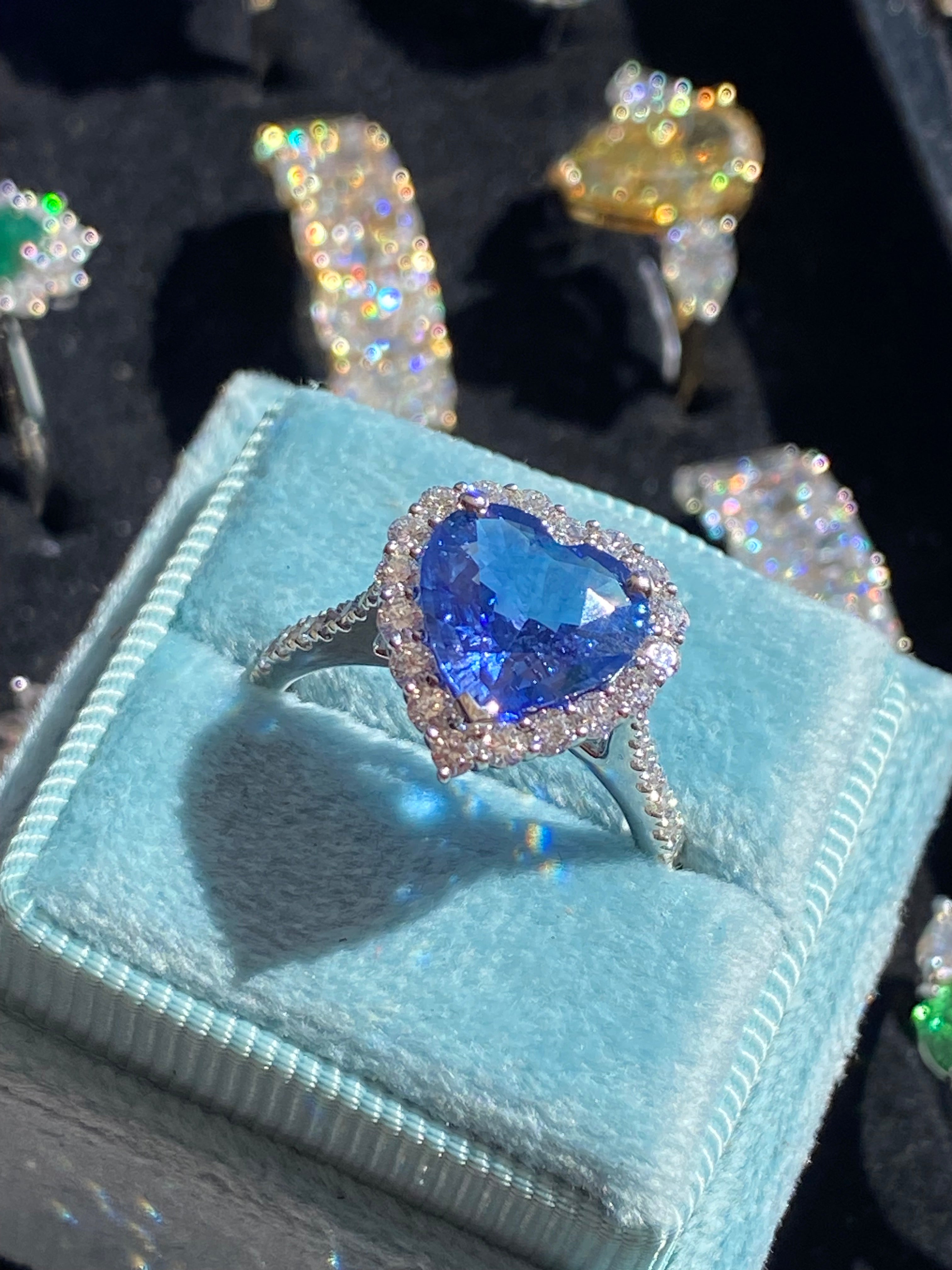 2.56 Carat Heart Shape Ceylon Sapphire and Natural Diamond Halo Ring in Platinum