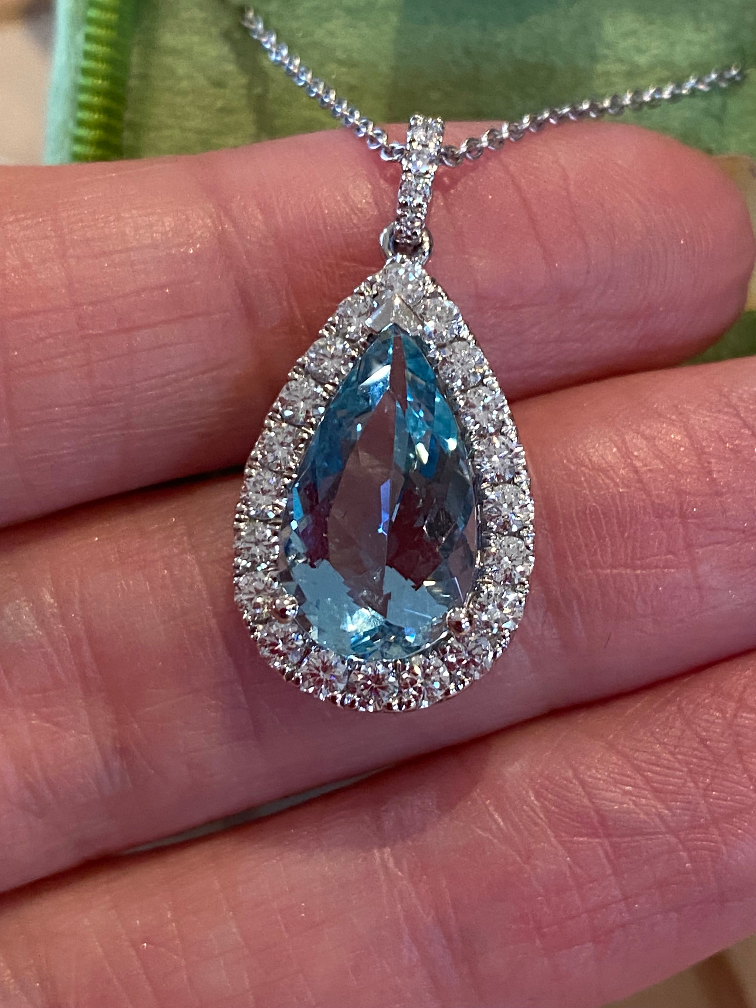 5.14 CTW Pear Cut Aquamarine and Natural Diamond Pendant Necklace in 18ct White Gold