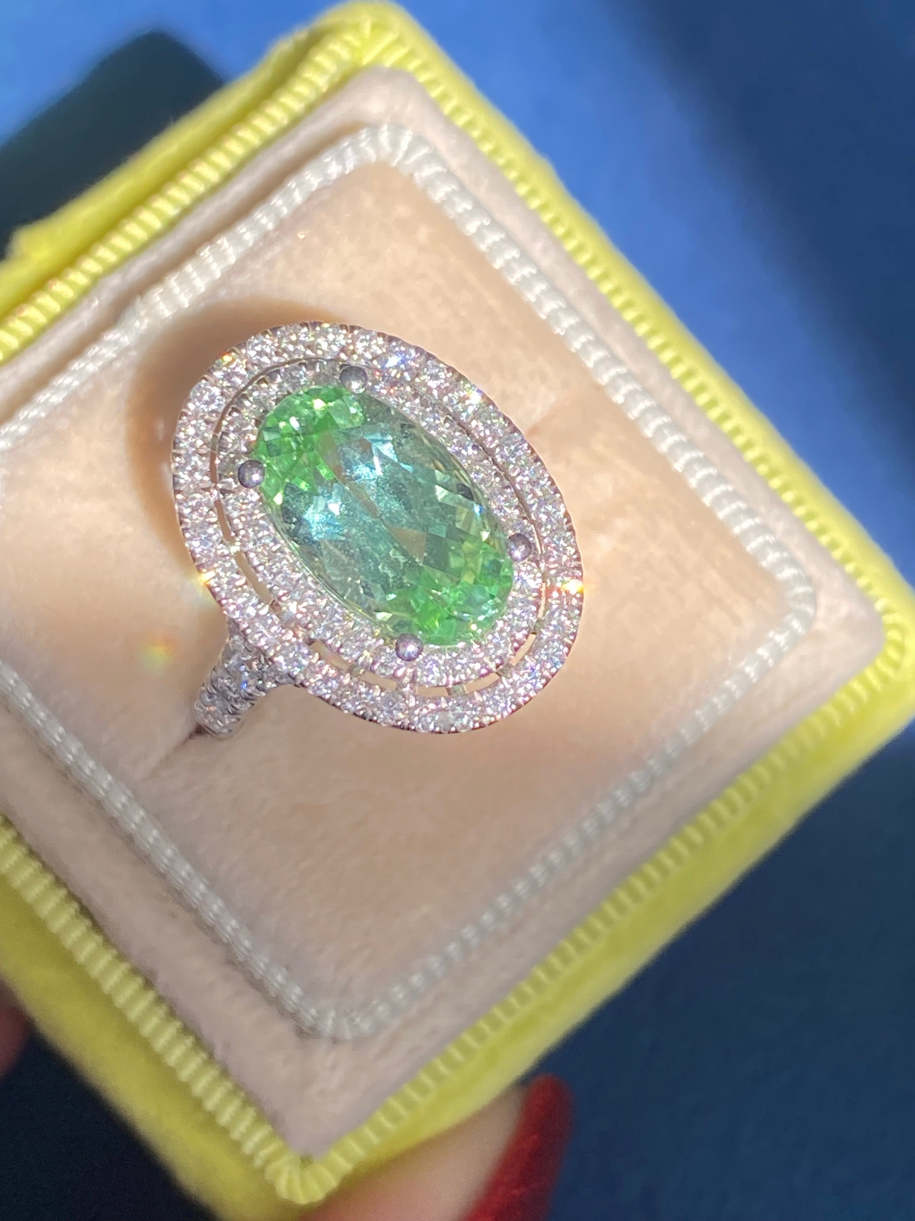 4.77 CTW Magical Mint Tourmaline and Natural Diamond Double Halo Ring in Platinum