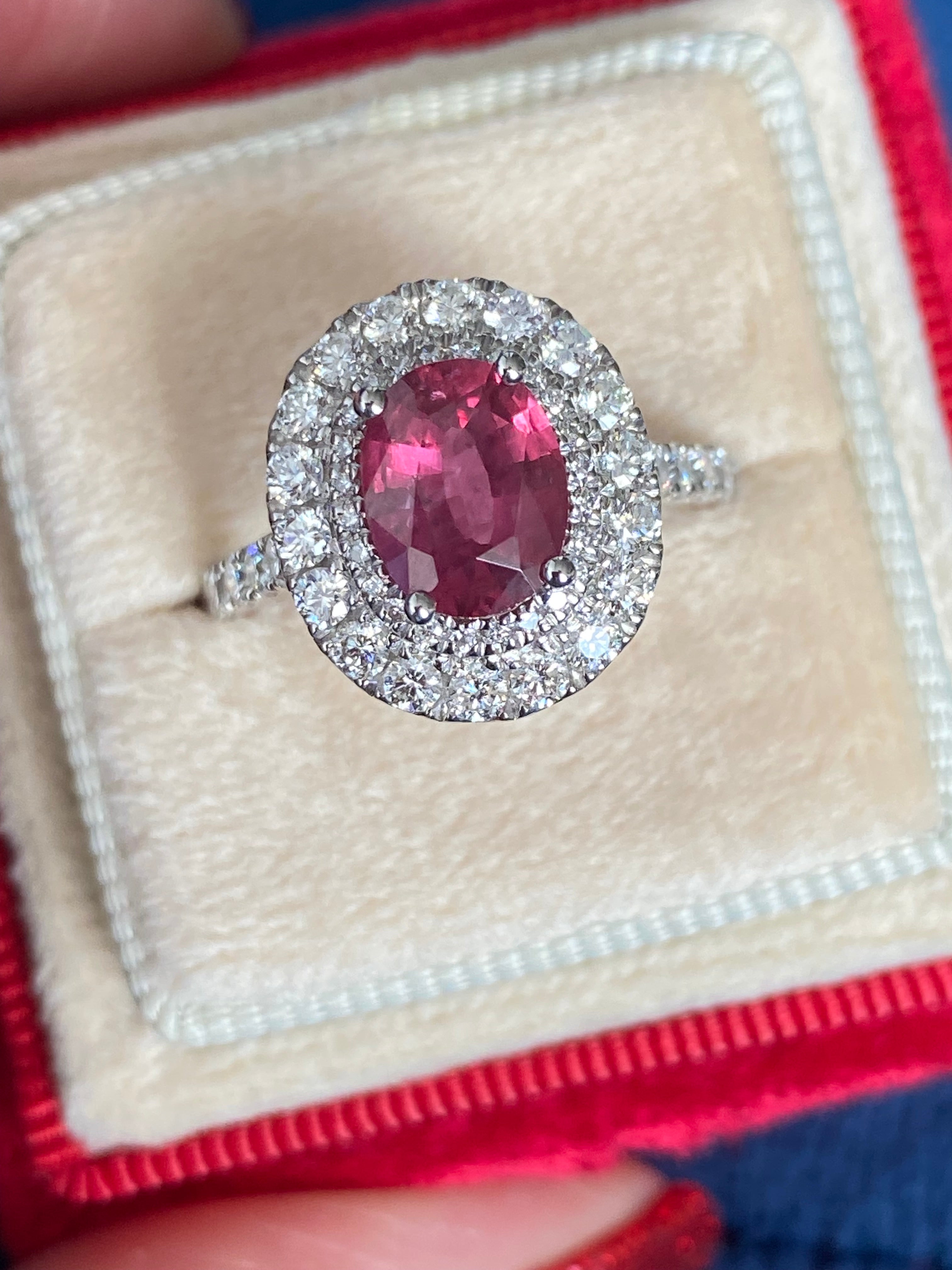 2.56 CTW Oval-Cut Ruby and Natural Diamond Double Halo Ring in Platinum