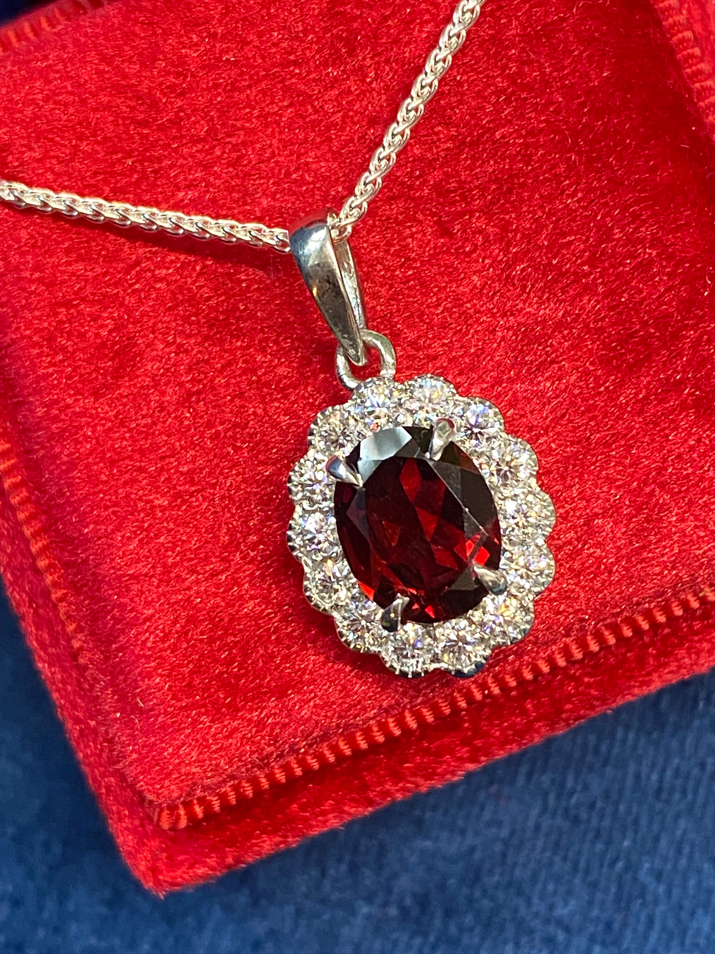 5.00 CTW Garnet and Moissanite Halo Pendant Necklace in Sterling Silver